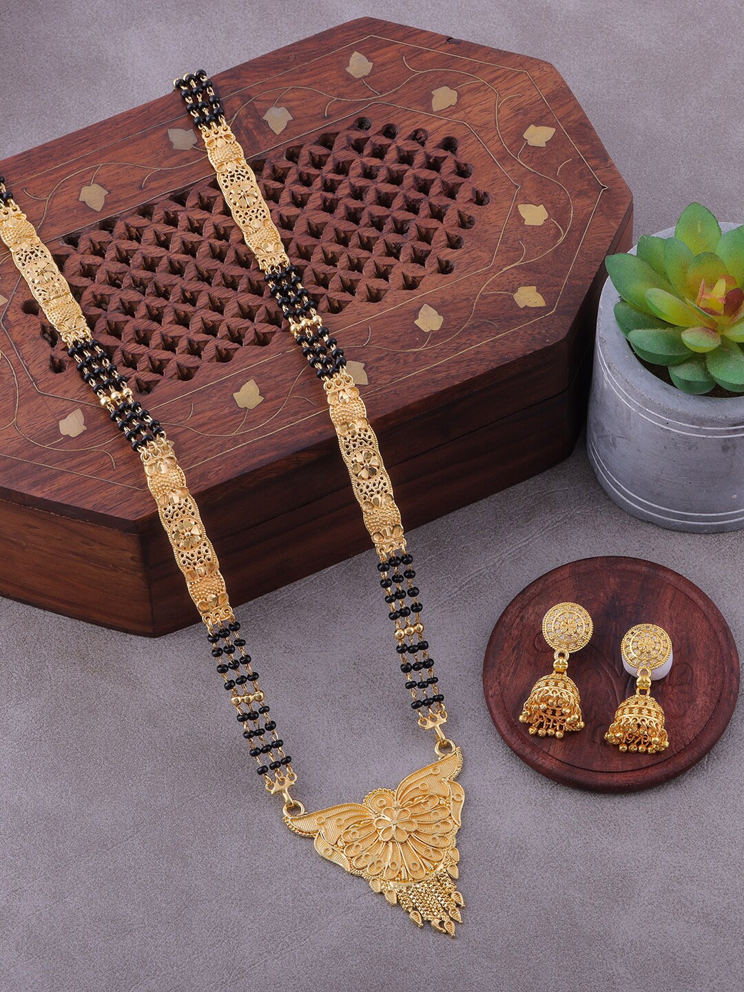 

Brandsoon Women One Gram Gold-Plated & Black Beaded Mangalsutra & Earrings Set