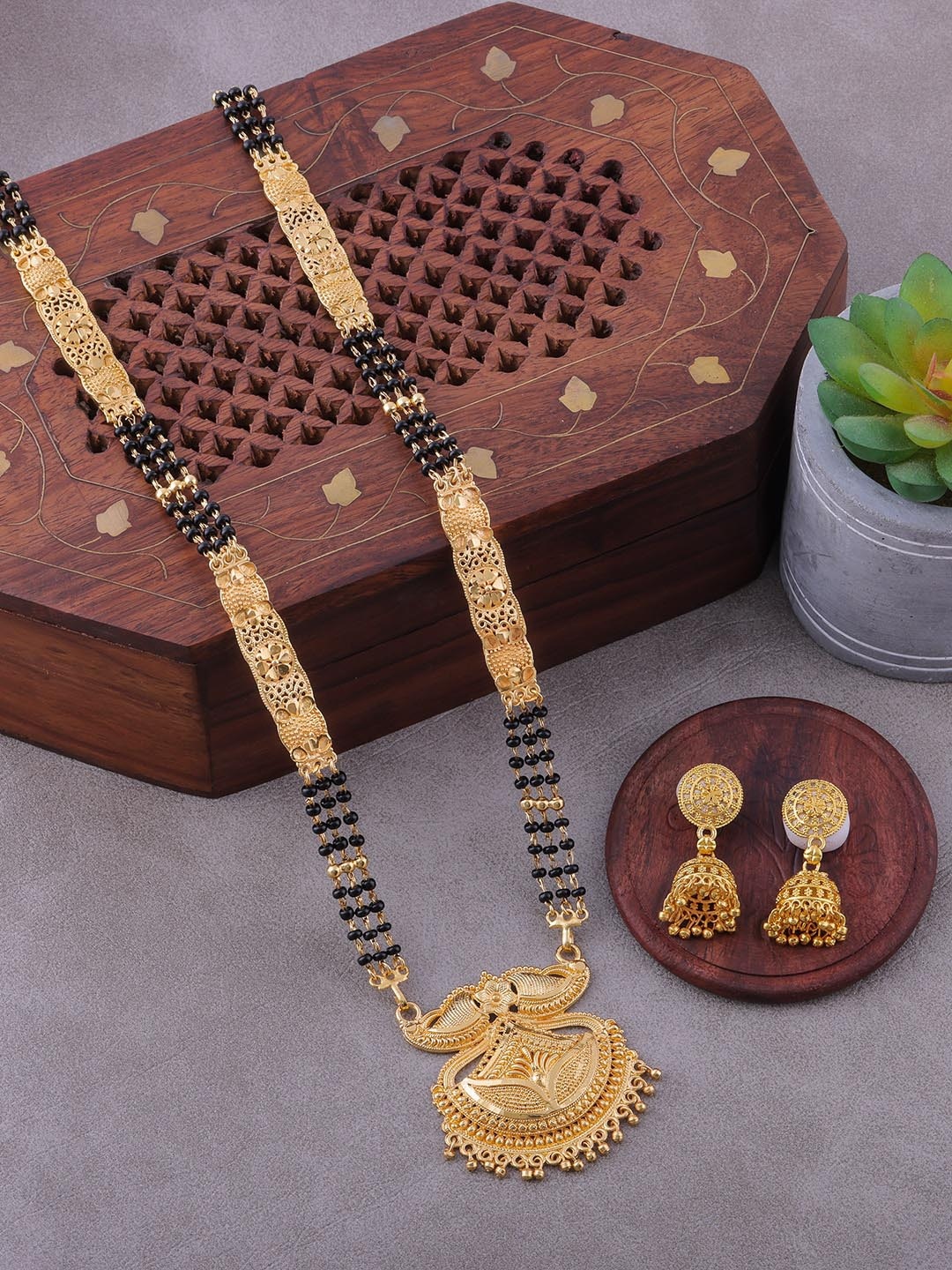 

Brandsoon One Gram Gold-Plated & Black Beaded Mangalsutra With Earrings