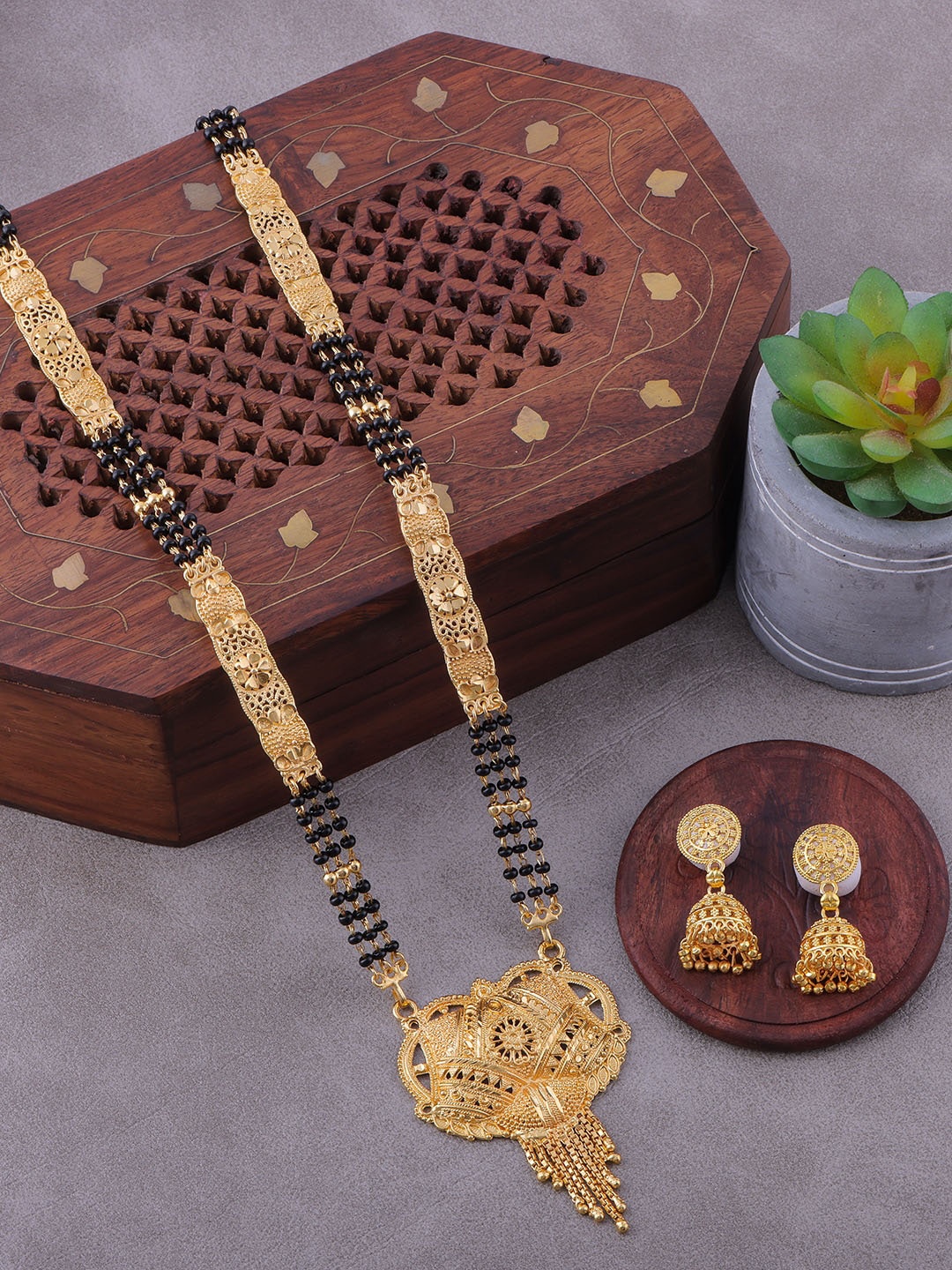 

Brandsoon Gold-Plated Black Stone-Studded & Beaded Mangalsutra With Earring Set
