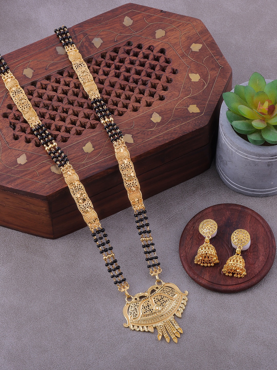 Brandsoon Gold-Plated Black Beaded Mangalsutra Set