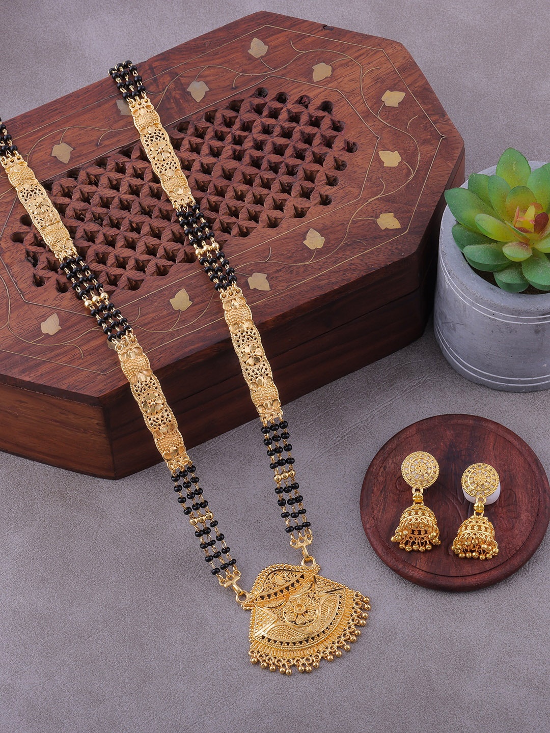 

Brandsoon Women One Gram Gold-Plated Stone-Studded & Beaded Mangalsutra With Earrings Set