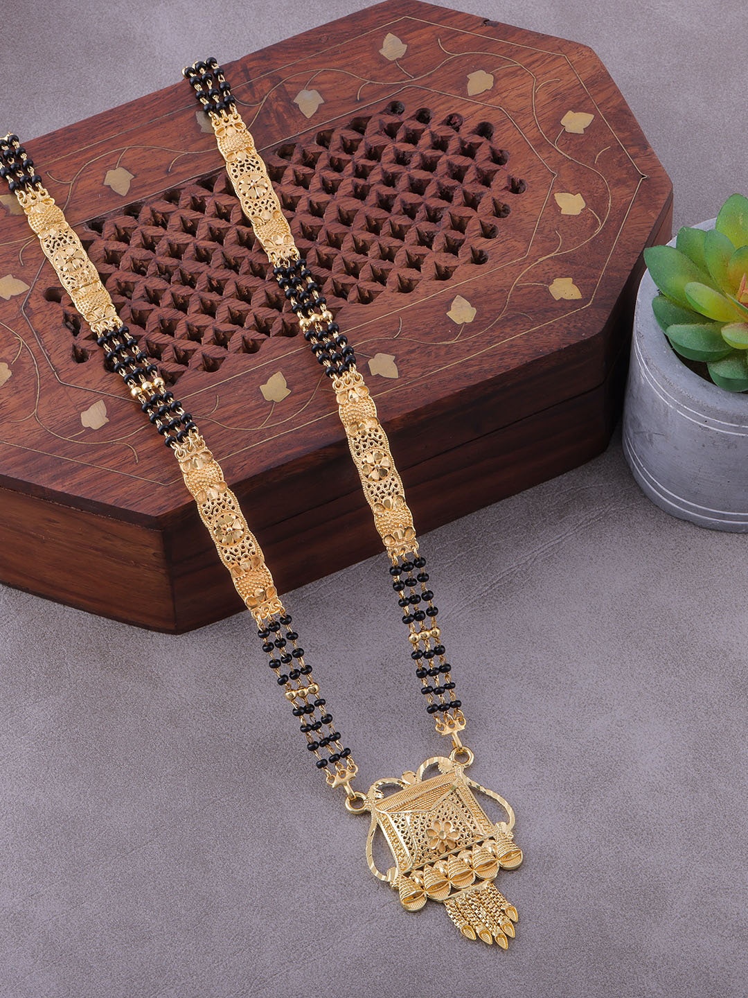 Brandsoon Women one gram Gold-Plated & Black Beaded Mangalsutra