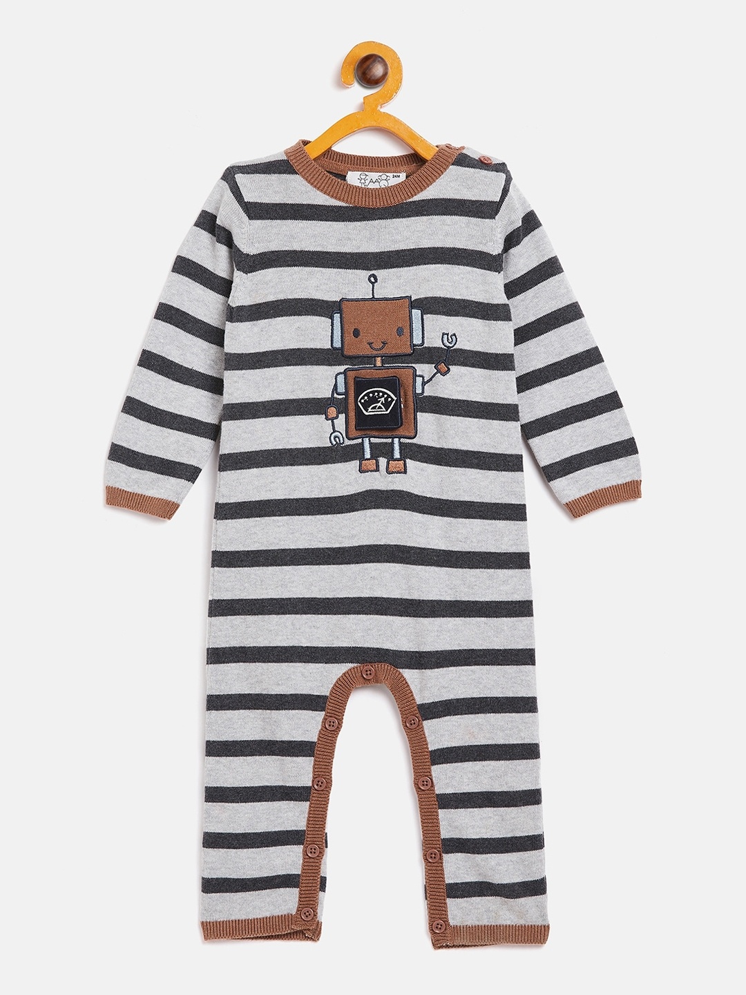 

JWAAQ Kids Grey Striped Pure Cotton Winter Rompers