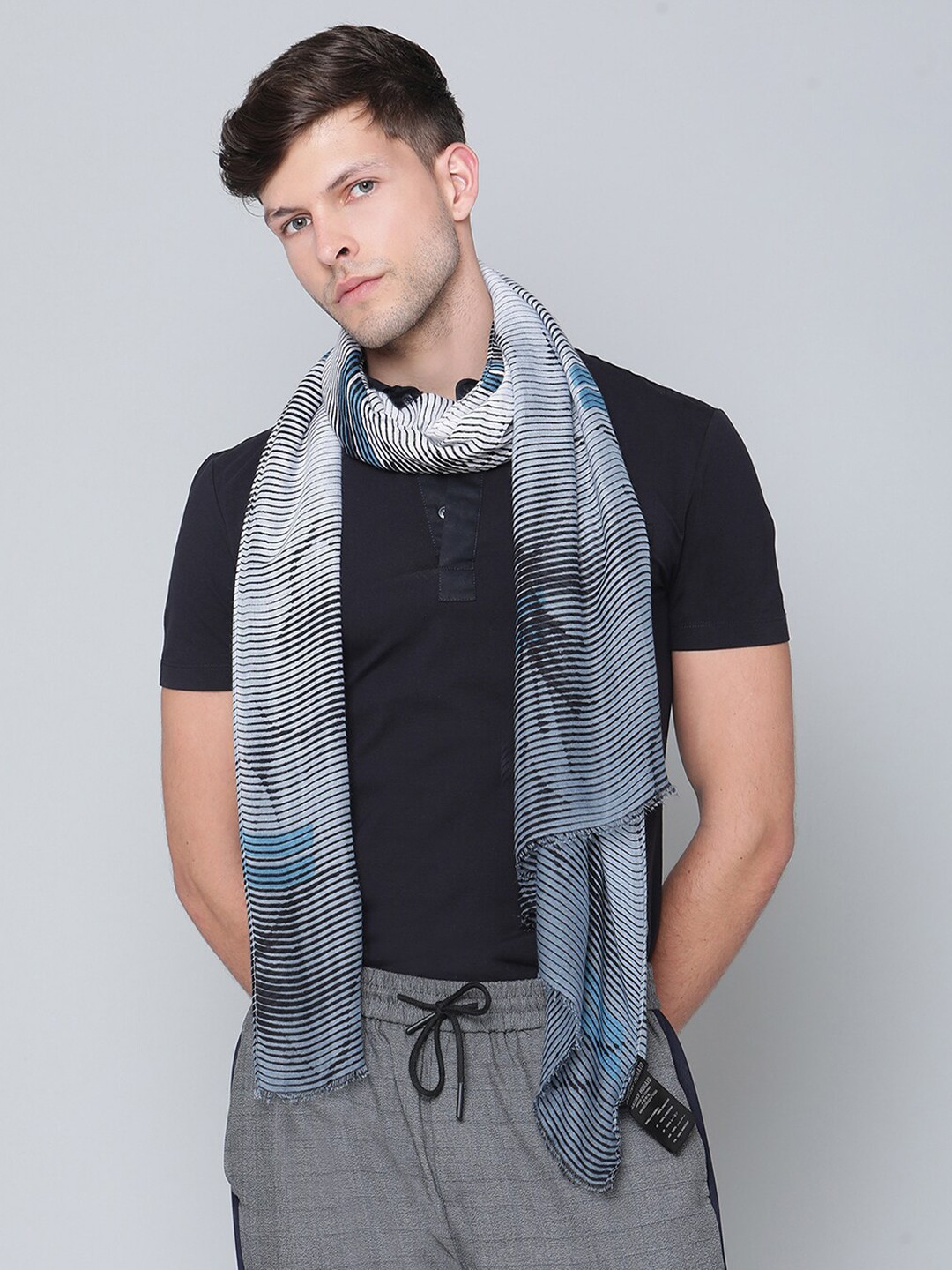 

Antony Morato Men Grey & Grey Melange Striped Scarf