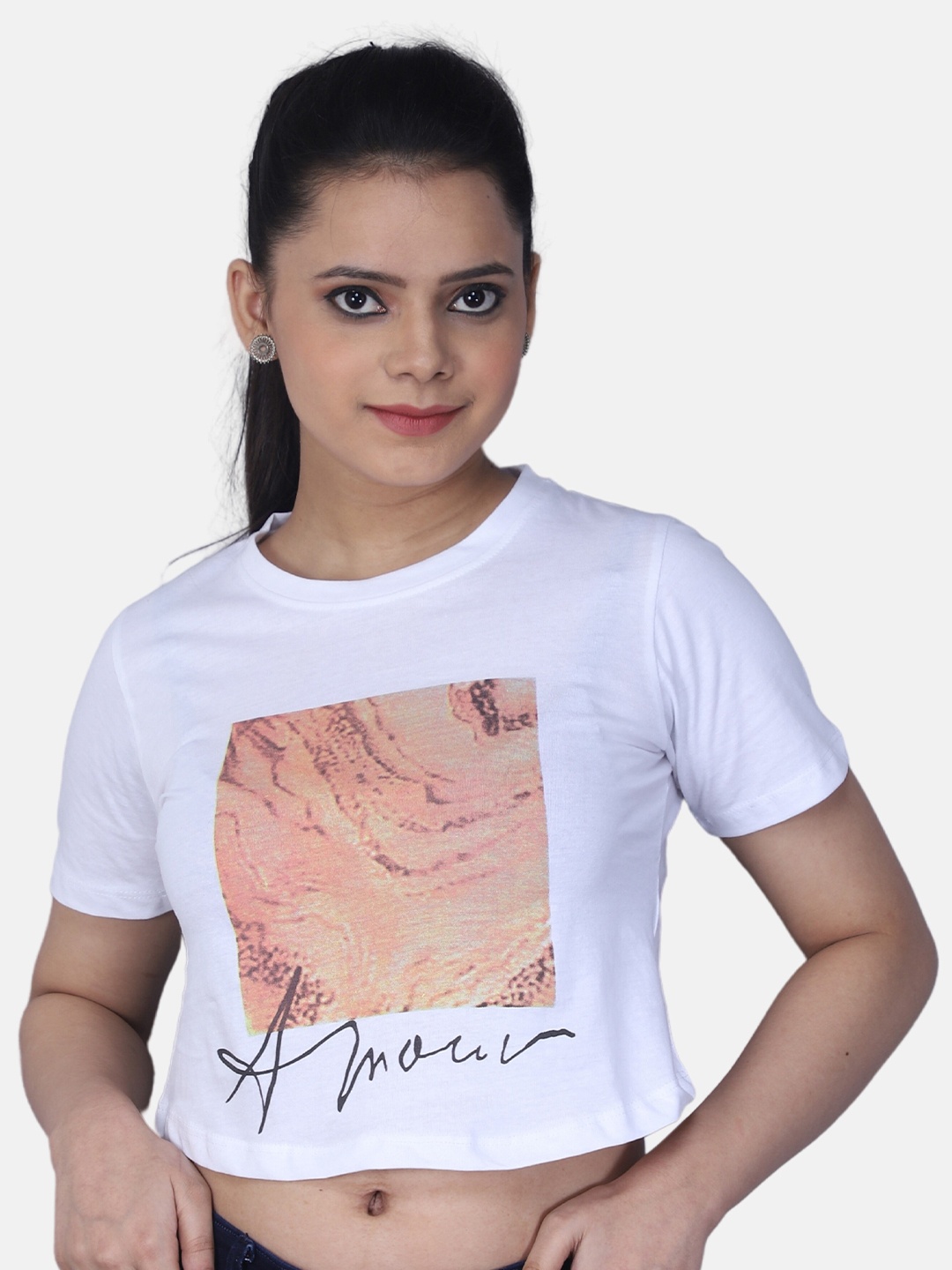 

Orchid Blues Women White Printed Crop T-shirt