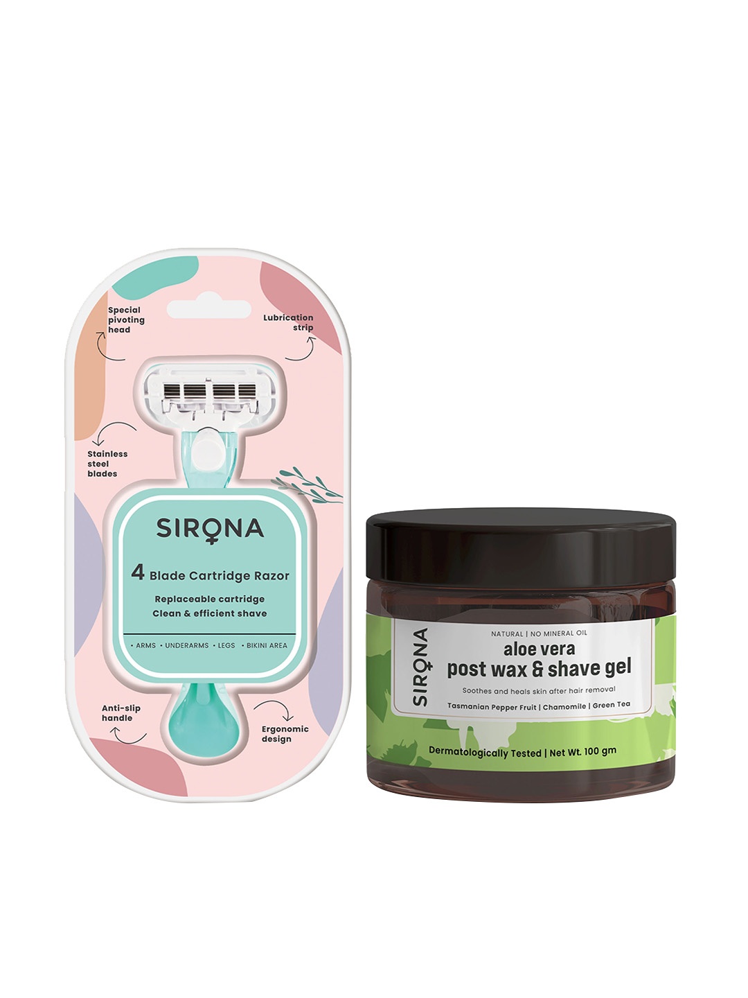 

Sirona 4-Blade Hair Removal Razor with Post Wax & Shave Gel 100g, Sea green