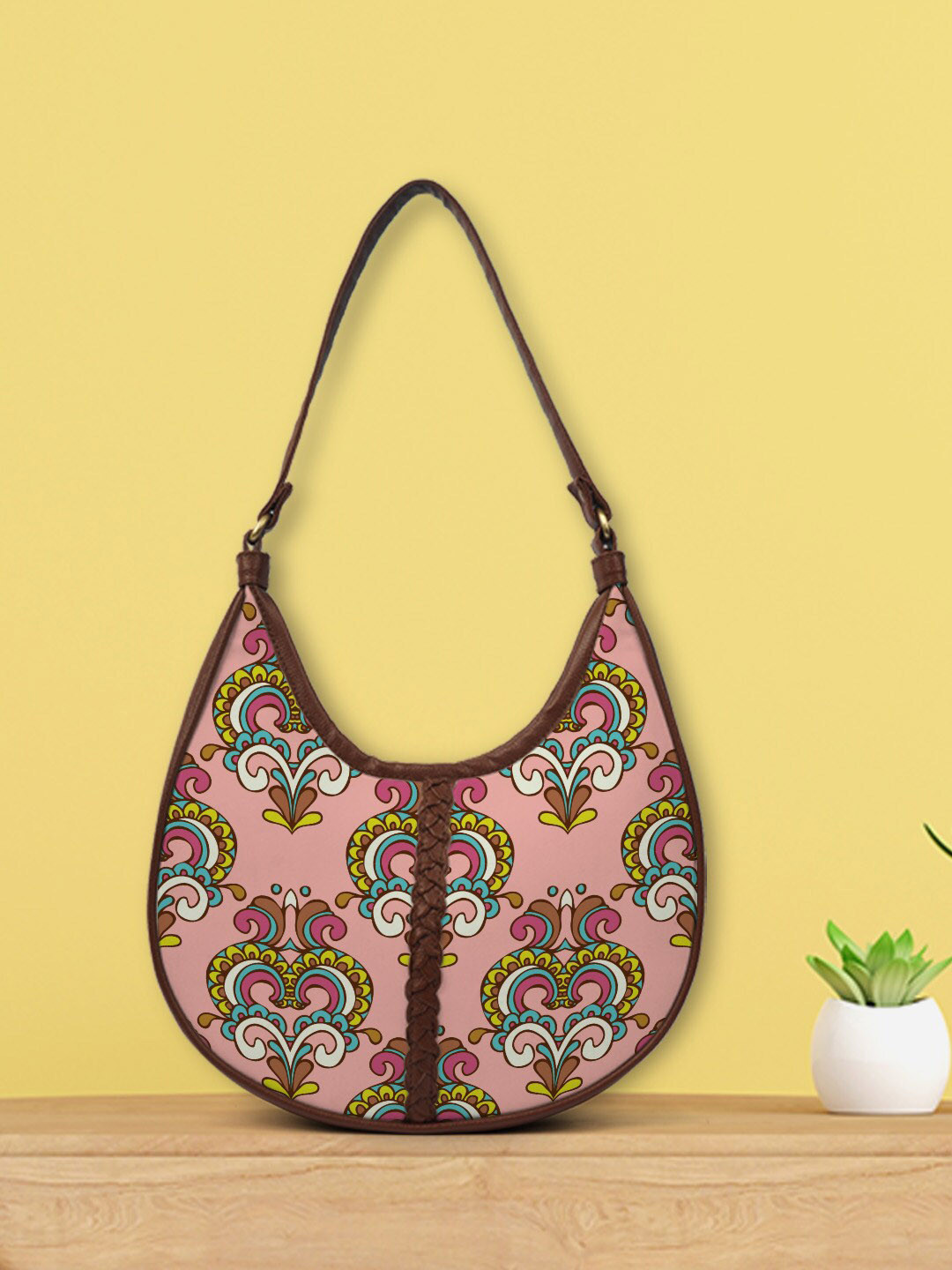 

Crazy Corner Pink Ethnic Motifs Printed Half Moon Hobo Bag
