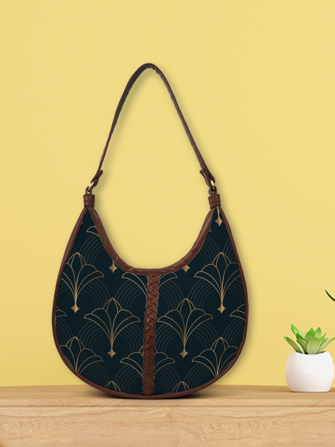 

Crazy Corner Black Ethnic Motifs Printed Half Moon Hobo Bag