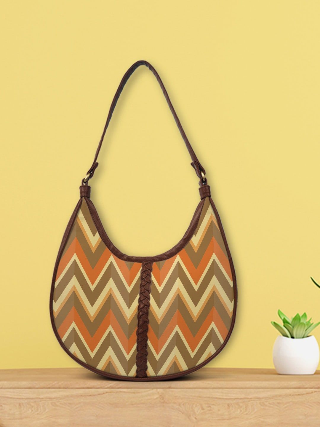 

Crazy Corner Orange Geometric Printed Half Moon Hobo Bag