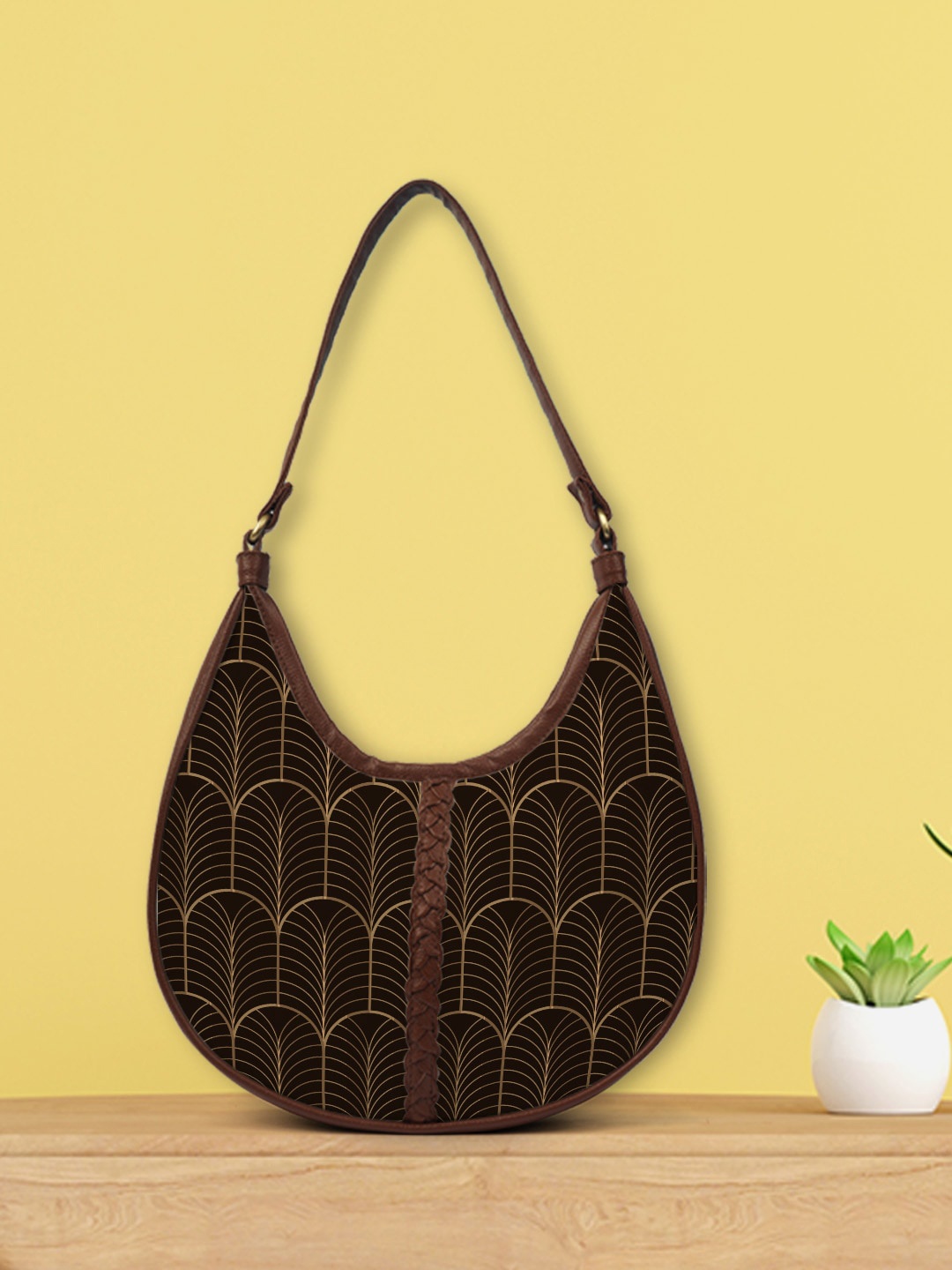 

Crazy Corner Brown Geometric Printed Oversized Half Moon Hobo Bag