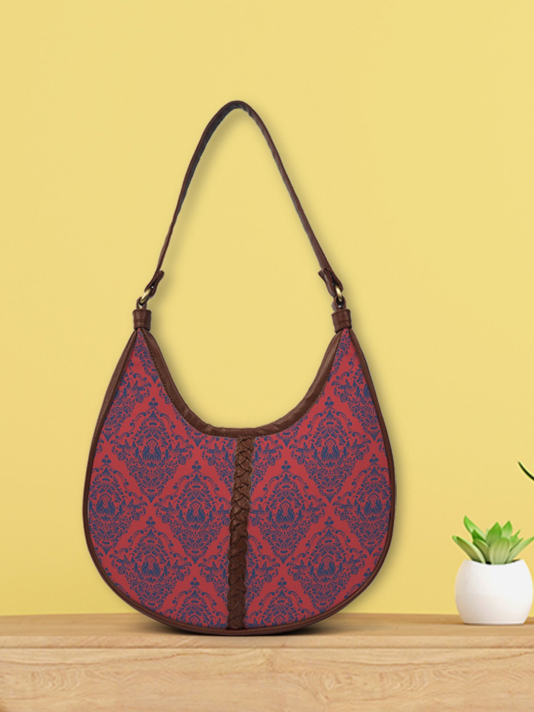 

Crazy Corner Women Red Ethnic Motifs Printed Half Moon Hobo Bag