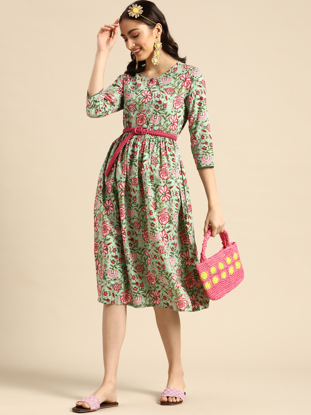 

Sangria Women Green & Pink Ethnic Motif Printed A-Line Dress
