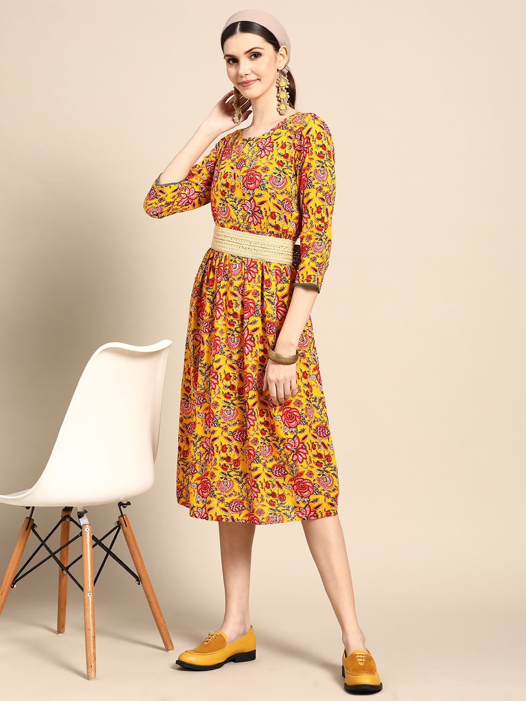 

Sangria Mustard Yellow & Red Ethnic Motifs A-Line Dress