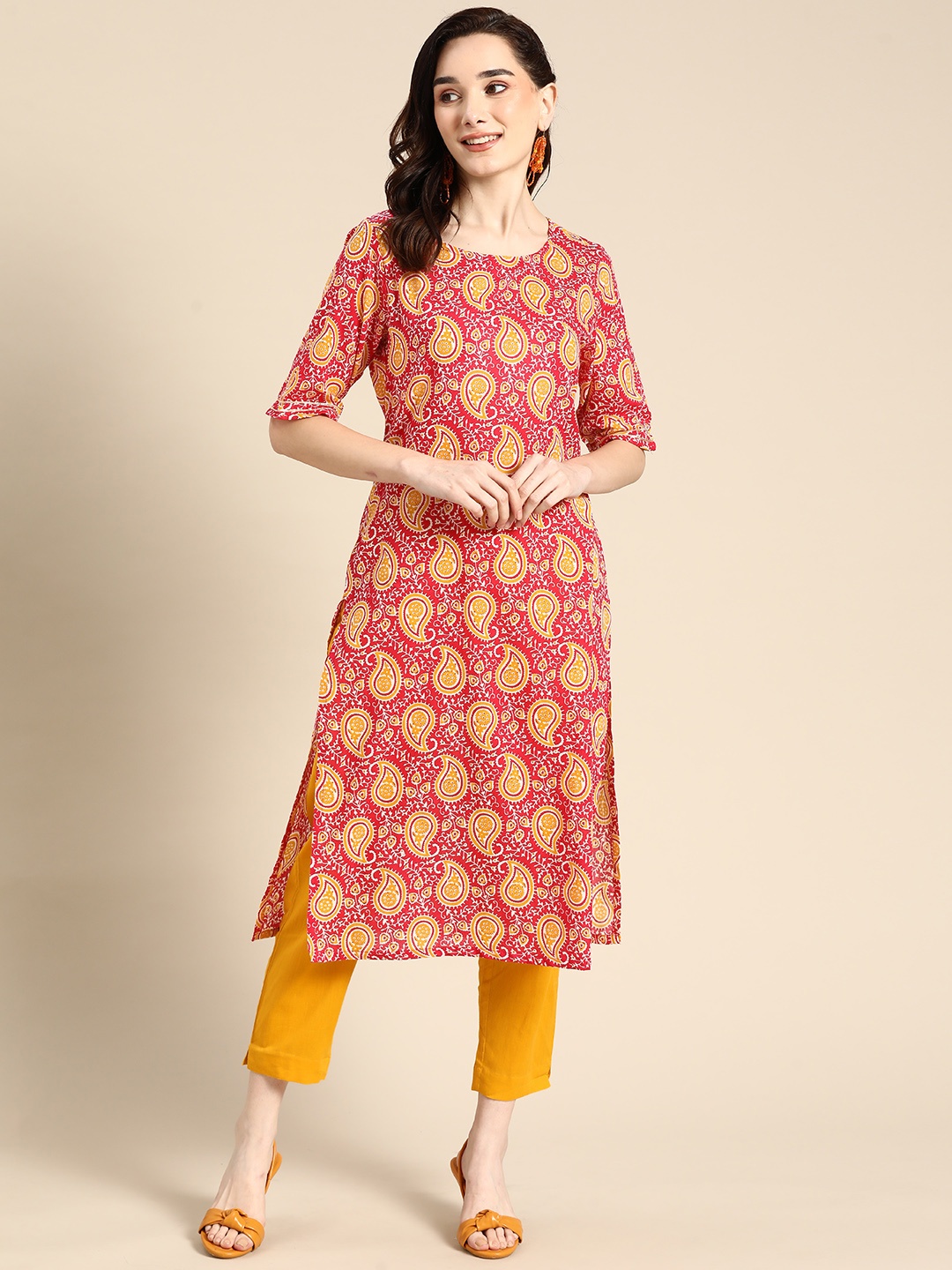 

Sangria Women Pink & Mustard Yellow Paisley Printed Pure Cotton Kurta with Trousers
