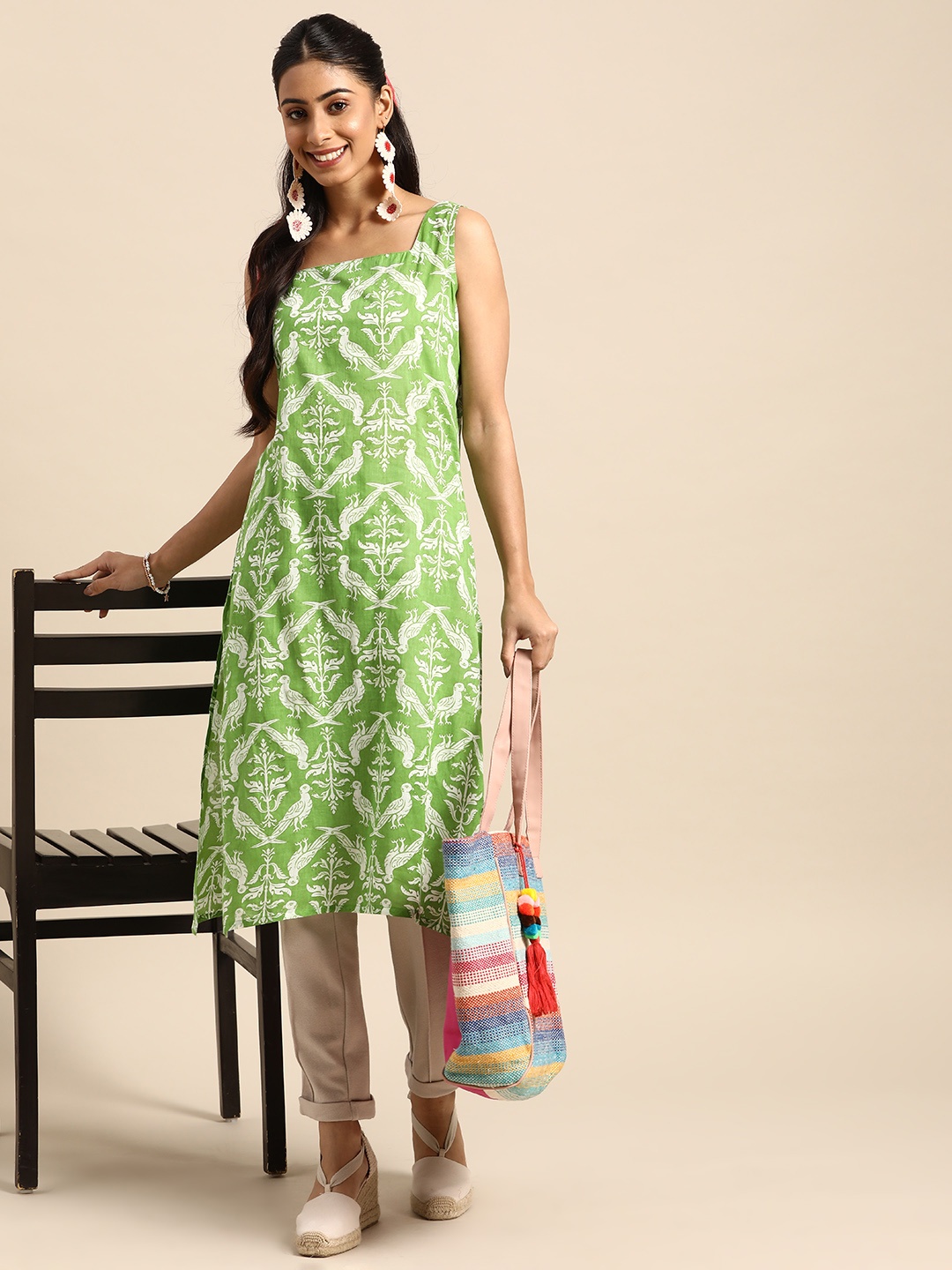 

Sangria Women Green & White Pure Cotton Ethnic Motifs Printed Kurta