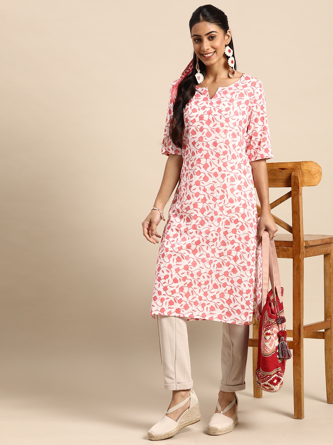 

Sangria Women Rust Pink & White Printed Cotton Kurta