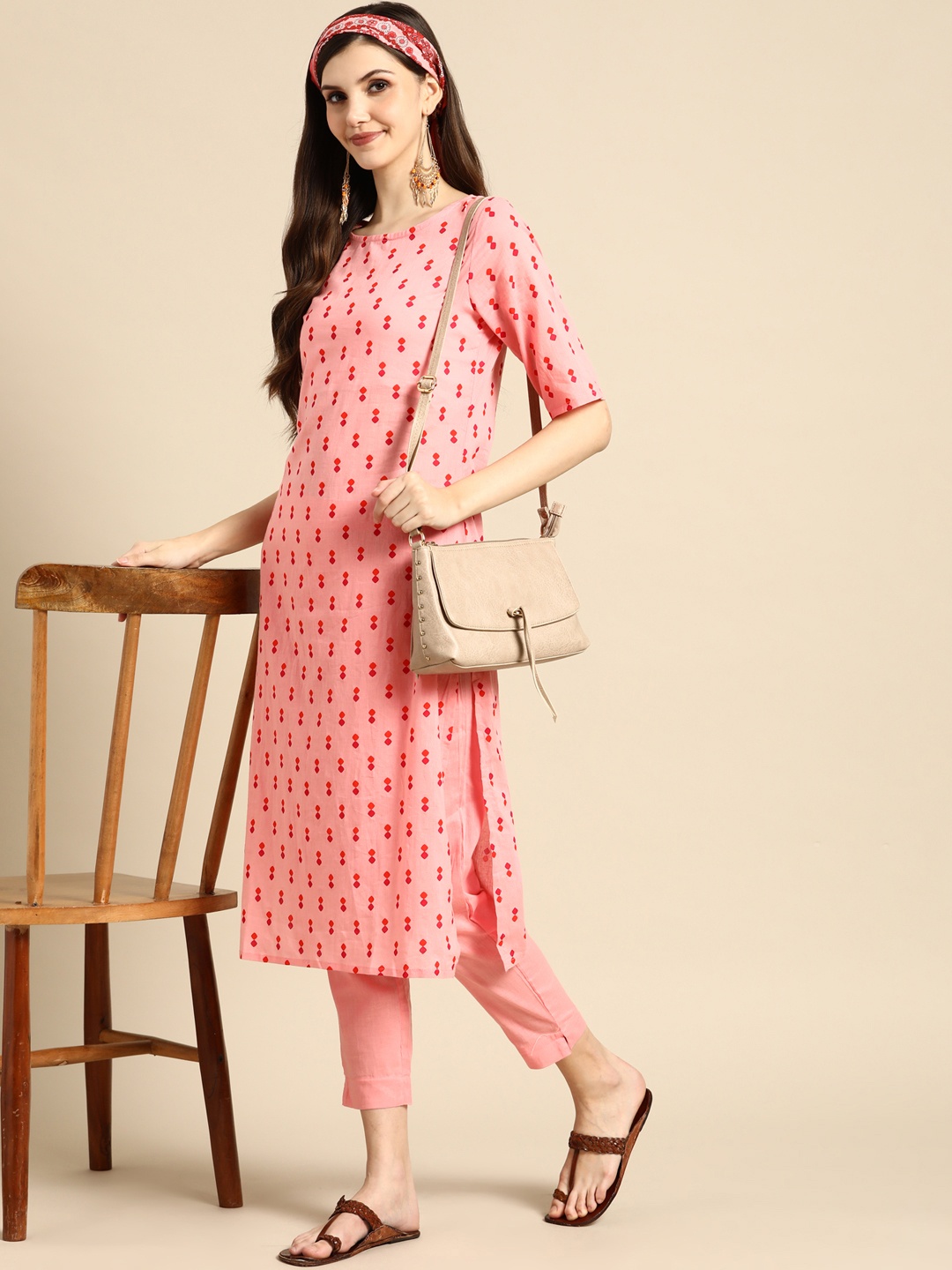 

Sangria Women Pink Printed Pure Cotton Kurta with Trousers