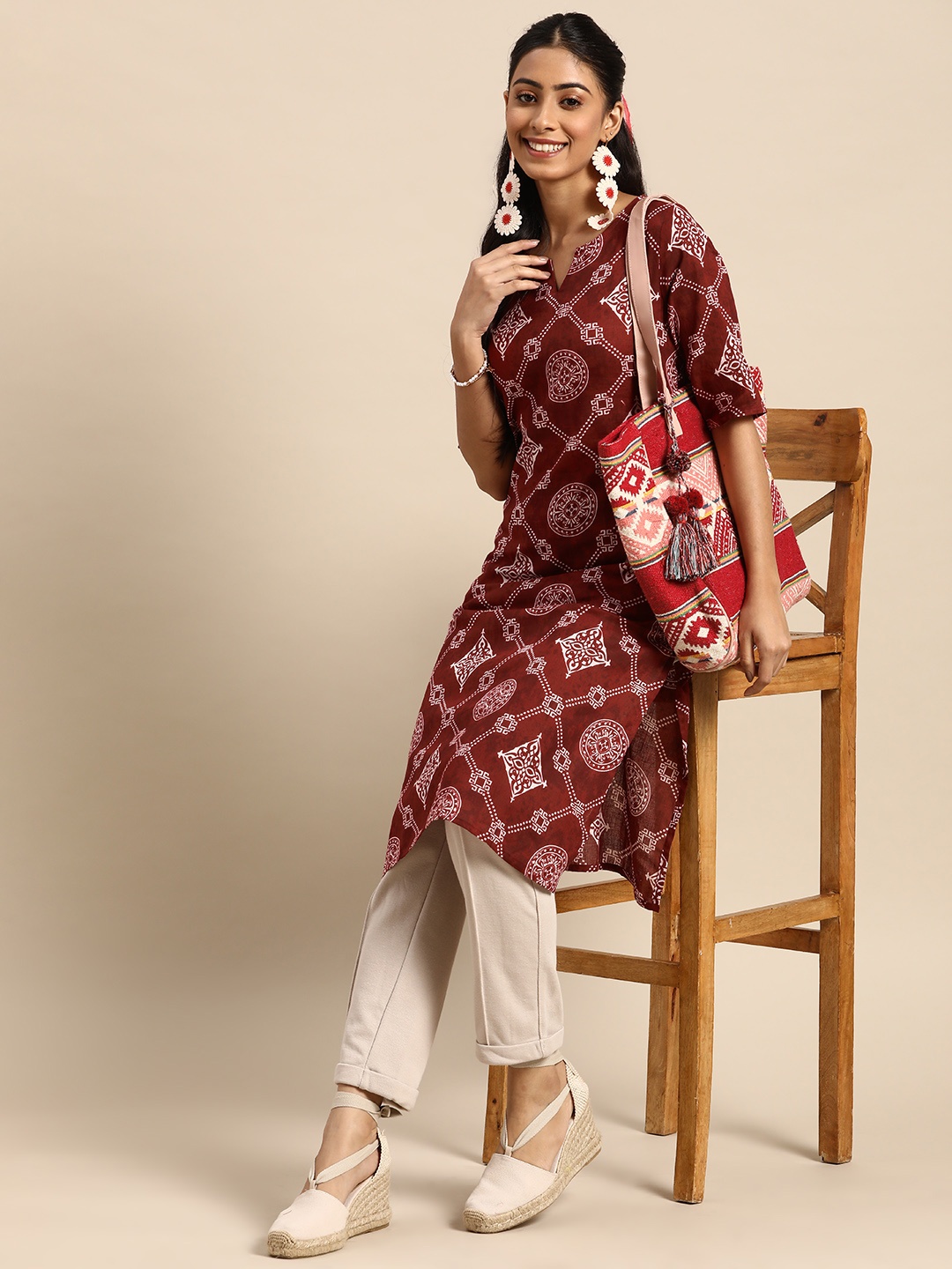 

Sangria Women Maroon & White Pure Cotton Ethnic Motifs Printed Kurta