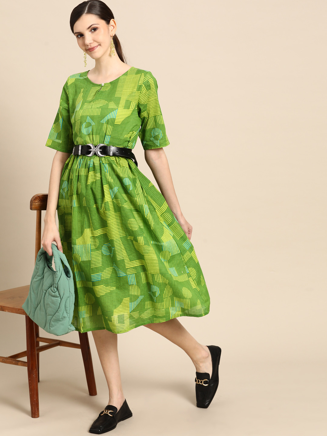 

Sangria Green Striped Keyhole Neck A-Line Pure Cotton Dress