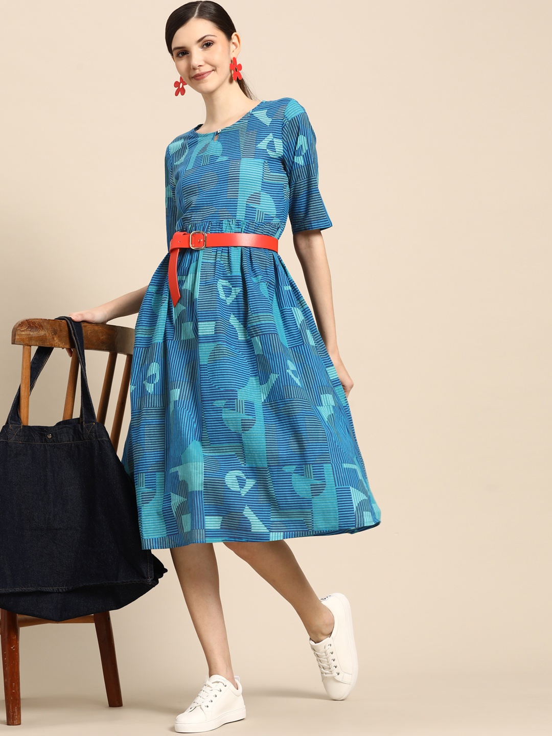 

Sangria Blue Striped Keyhole Neck A-Line Pure Cotton Dress