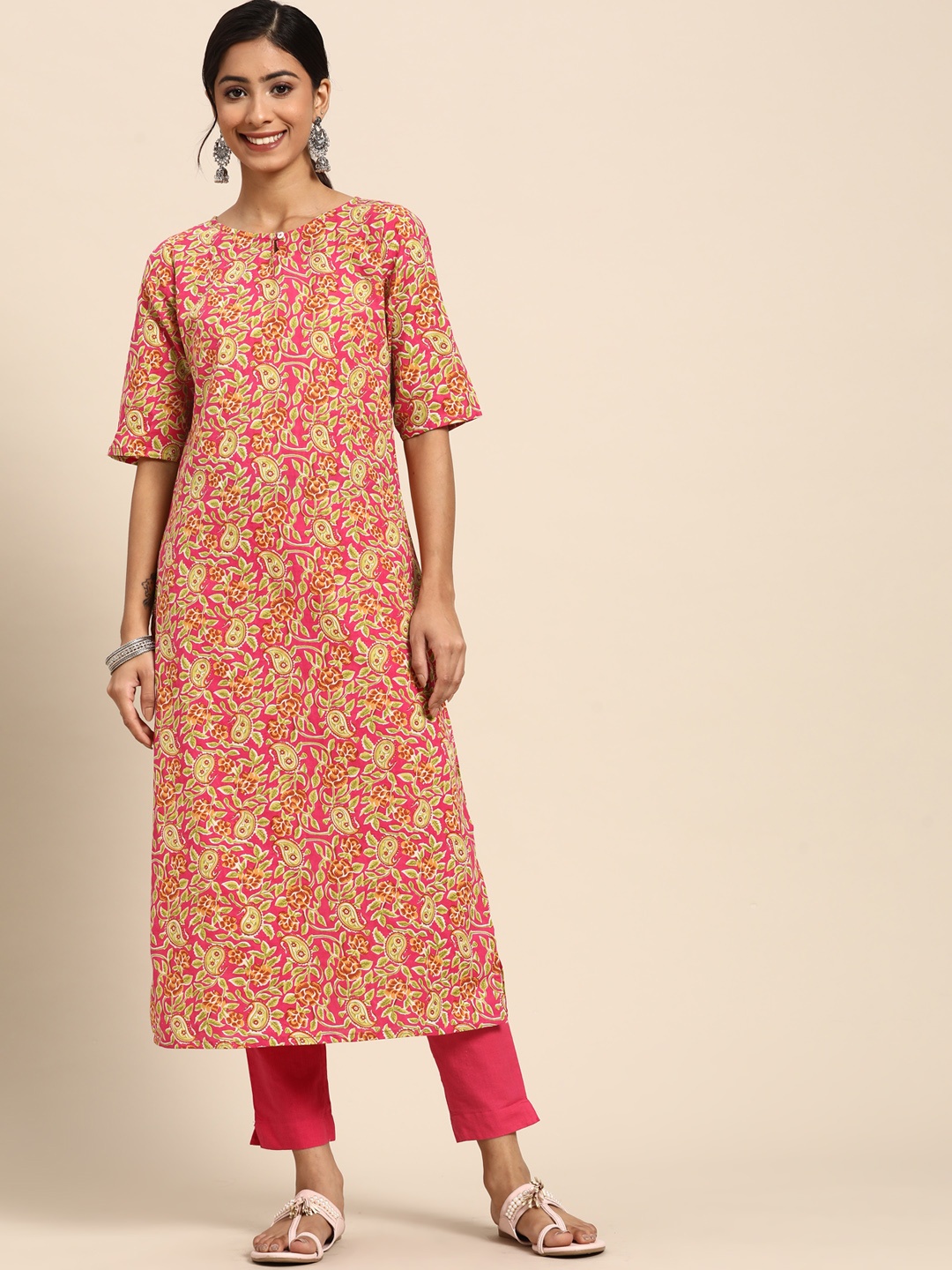 

Sangria Women Pink & Green Paisley Printed Pure Cotton Kurta with Trousers