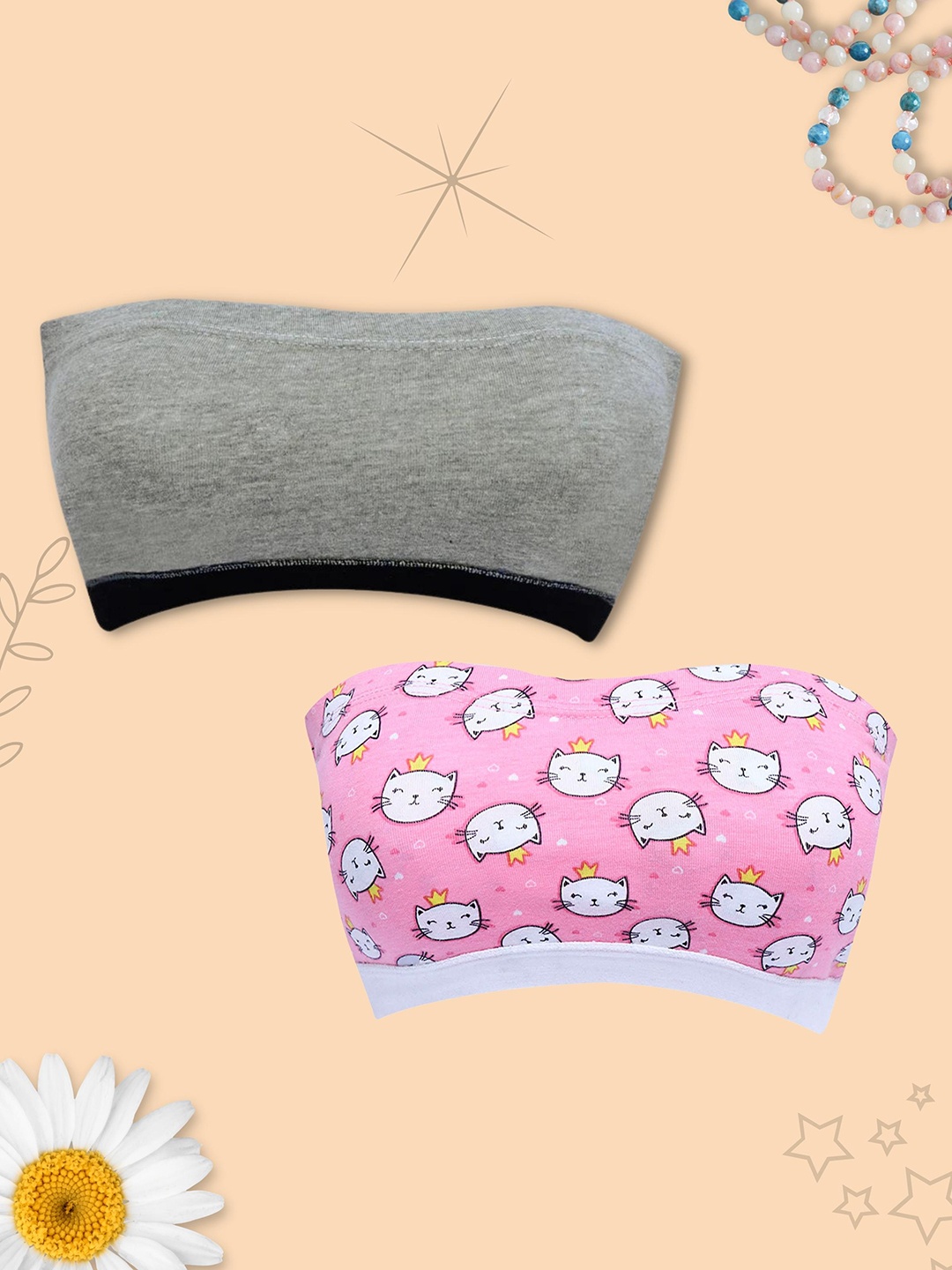 

DChica Grey Melange & Pink Set Of 2 Non Padded Strapless Graphic Bra