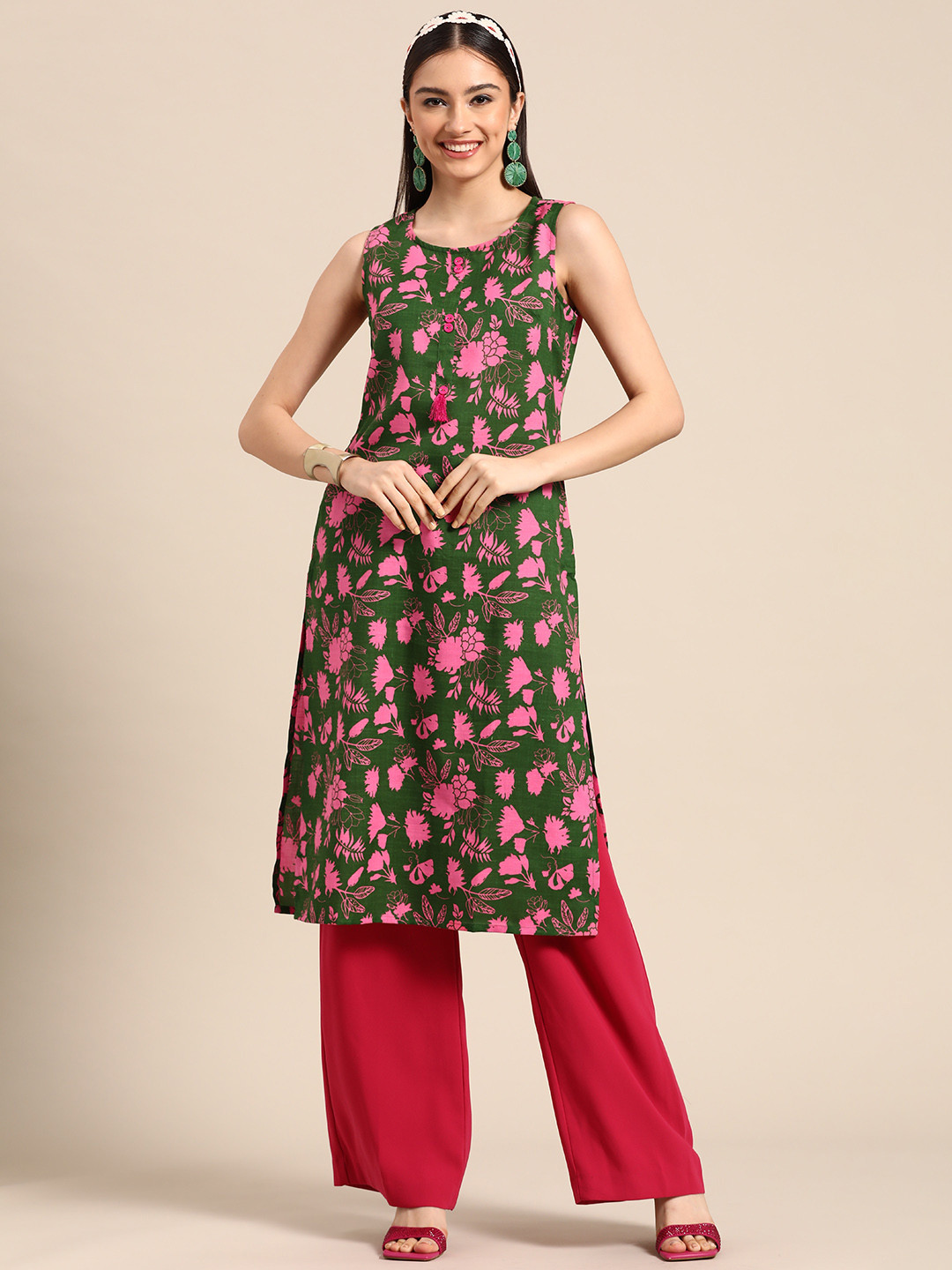 

Sangria Women Green & Pink Floral Printed Kurta