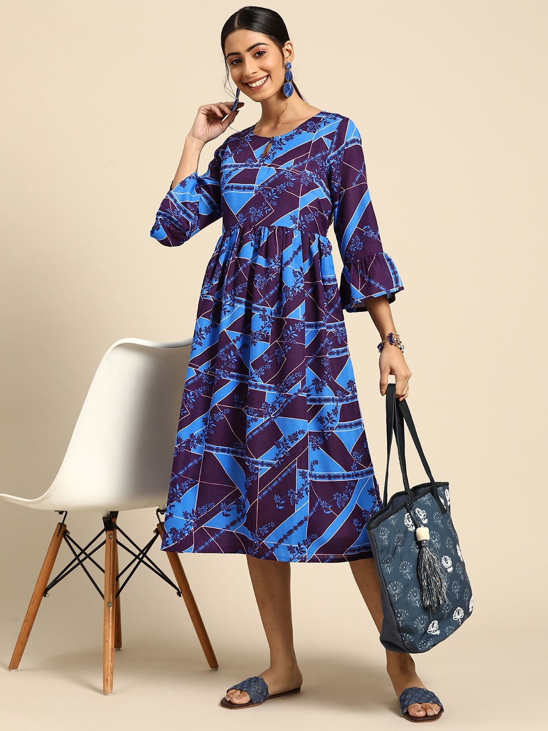 

Sangria Women Blue & Purple Printed Bell Sleeves A-Line Ethnic Dress