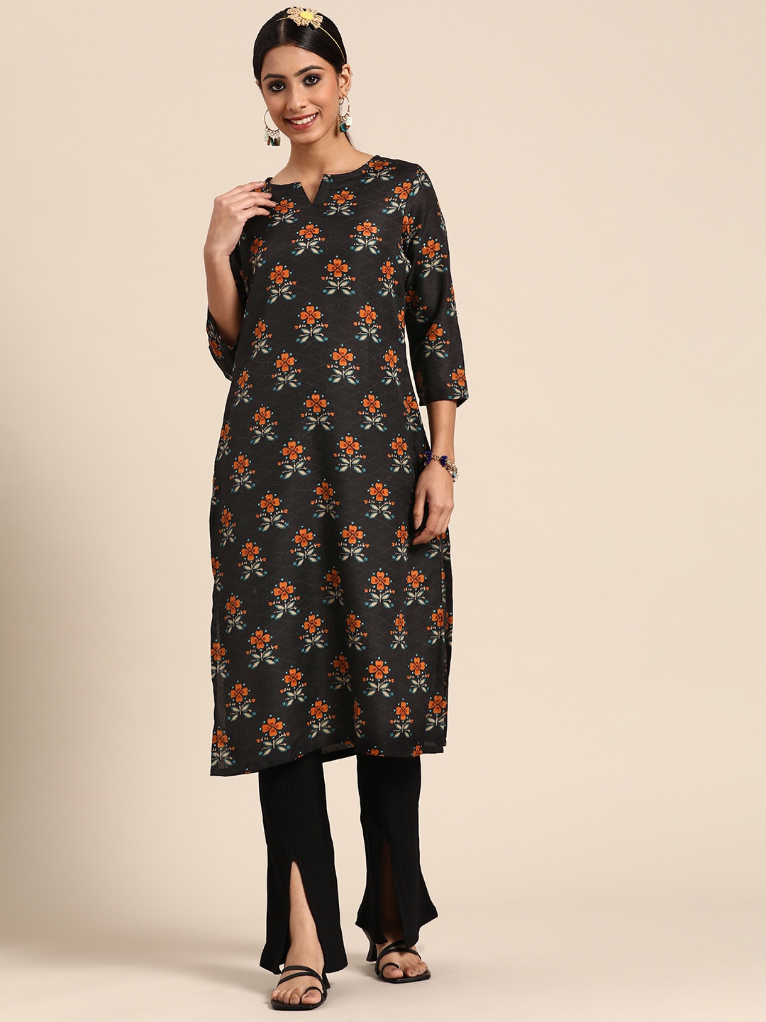 

Sangria Women Black & Rust Brown Ethnic Motifs Printed Kurta