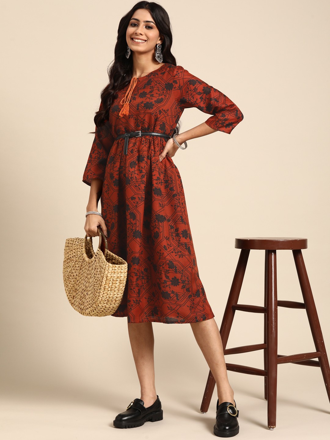 

Sangria Rust Brown & Black Ethnic Motifs Ethnic A-Line Midi Ethnic Dress