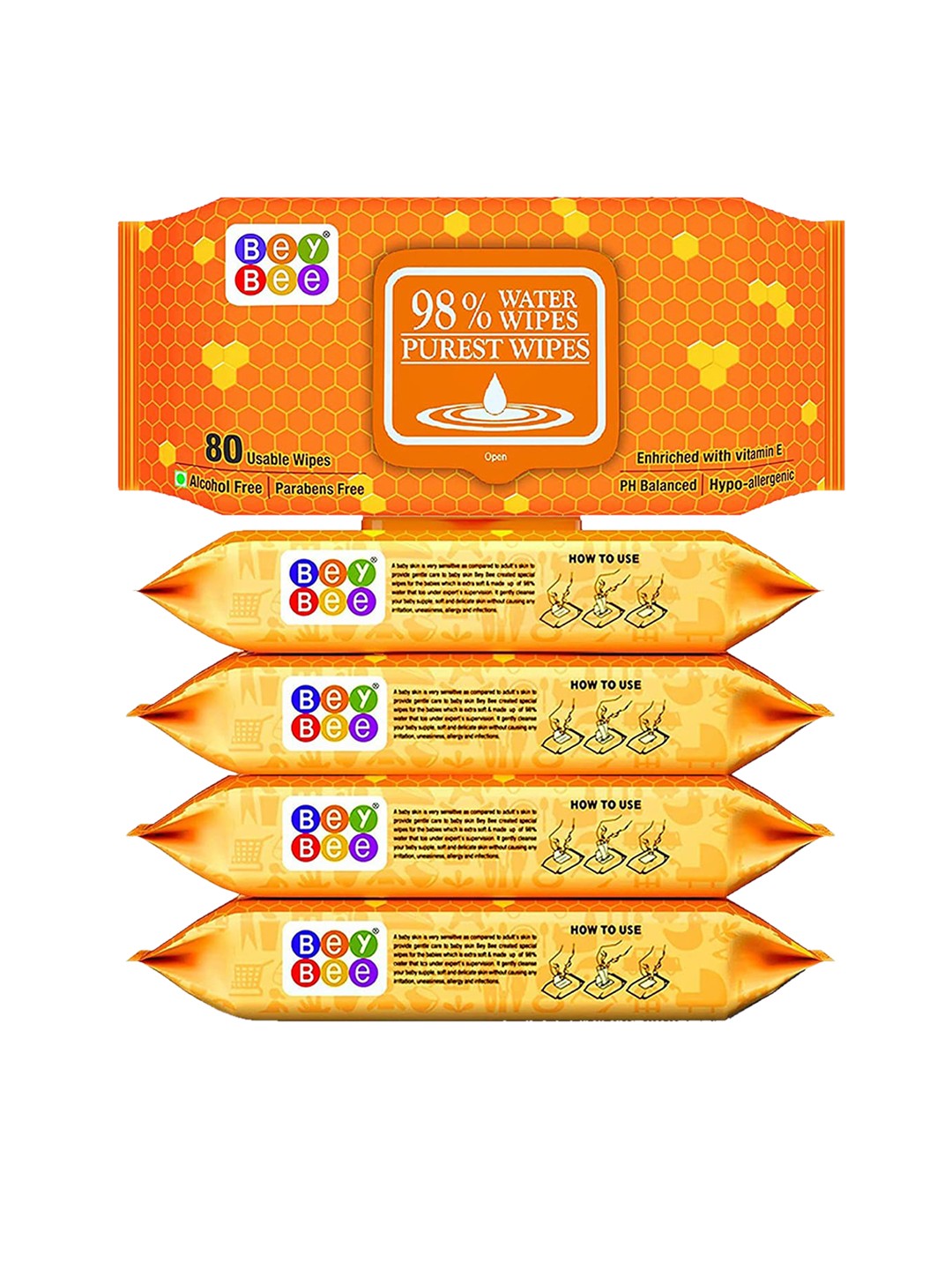 

BeyBee Kids Set of 5 Hypo-Allergenic 98% Purest Water Wipes with Vitamin E - 80 Wipes Each, Orange