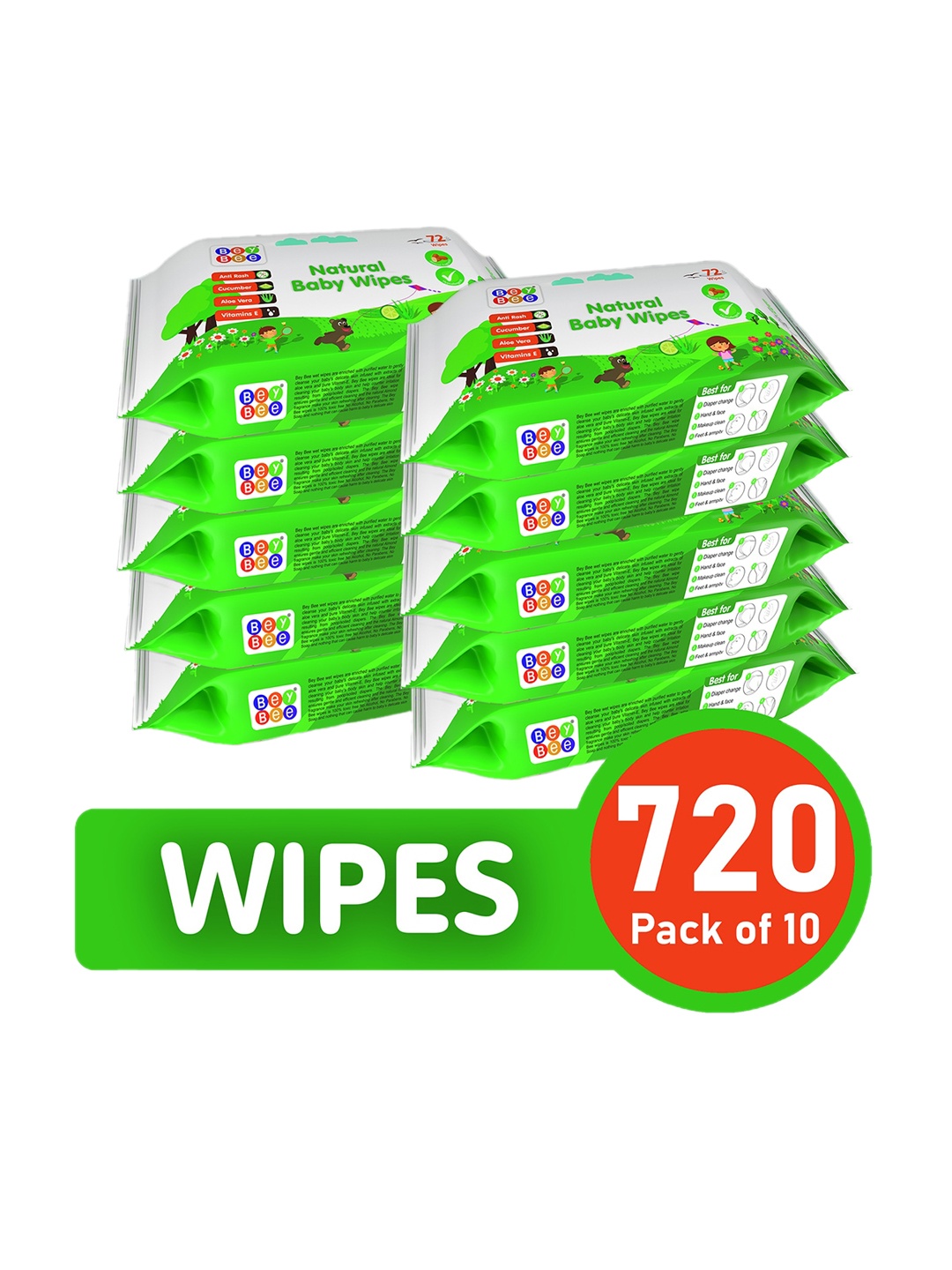 

BeyBee Kids Pack of 10 Cucumber and Aloe Vera Baby Wipes - 72 Pulls Each, White