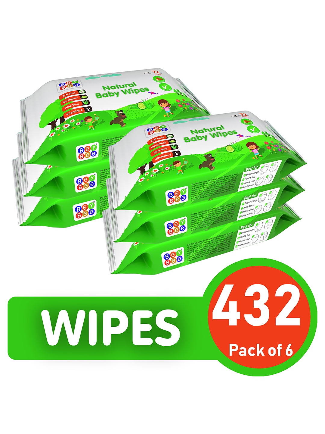 

BeyBee Set of 6 Natural Antibacterial Baby Wipes with Aloe Vera & Vitamin E- 72 Wipes Each, Green