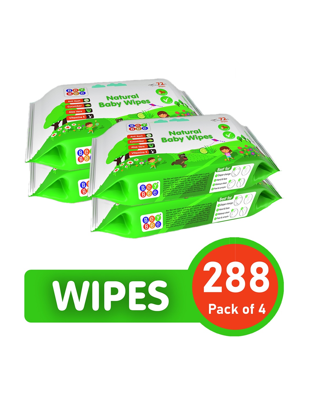 

BeyBee Set of 4 Natural Antibacterial Baby Wipes with Aloe Vera & Vitamin E- 72 Wipes Each, Green