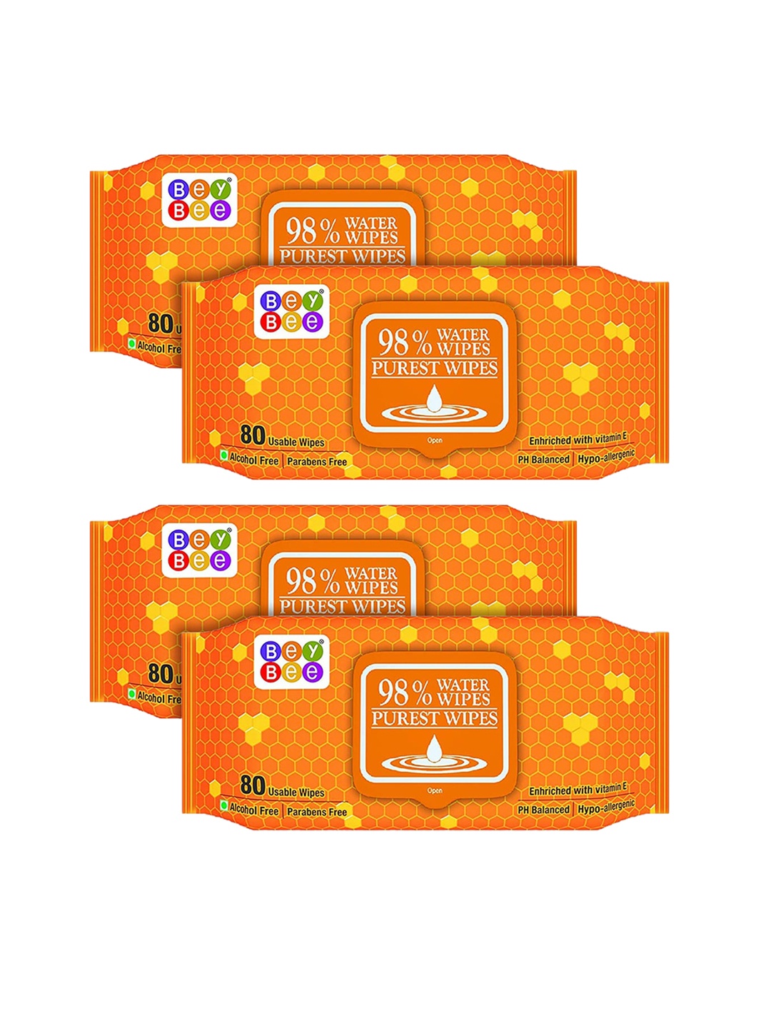 

BeyBee Kids Set of 4 Hypo-Allergenic 98% Purest Water Wipes with Vitamin E - 80 Wipes Each, Orange