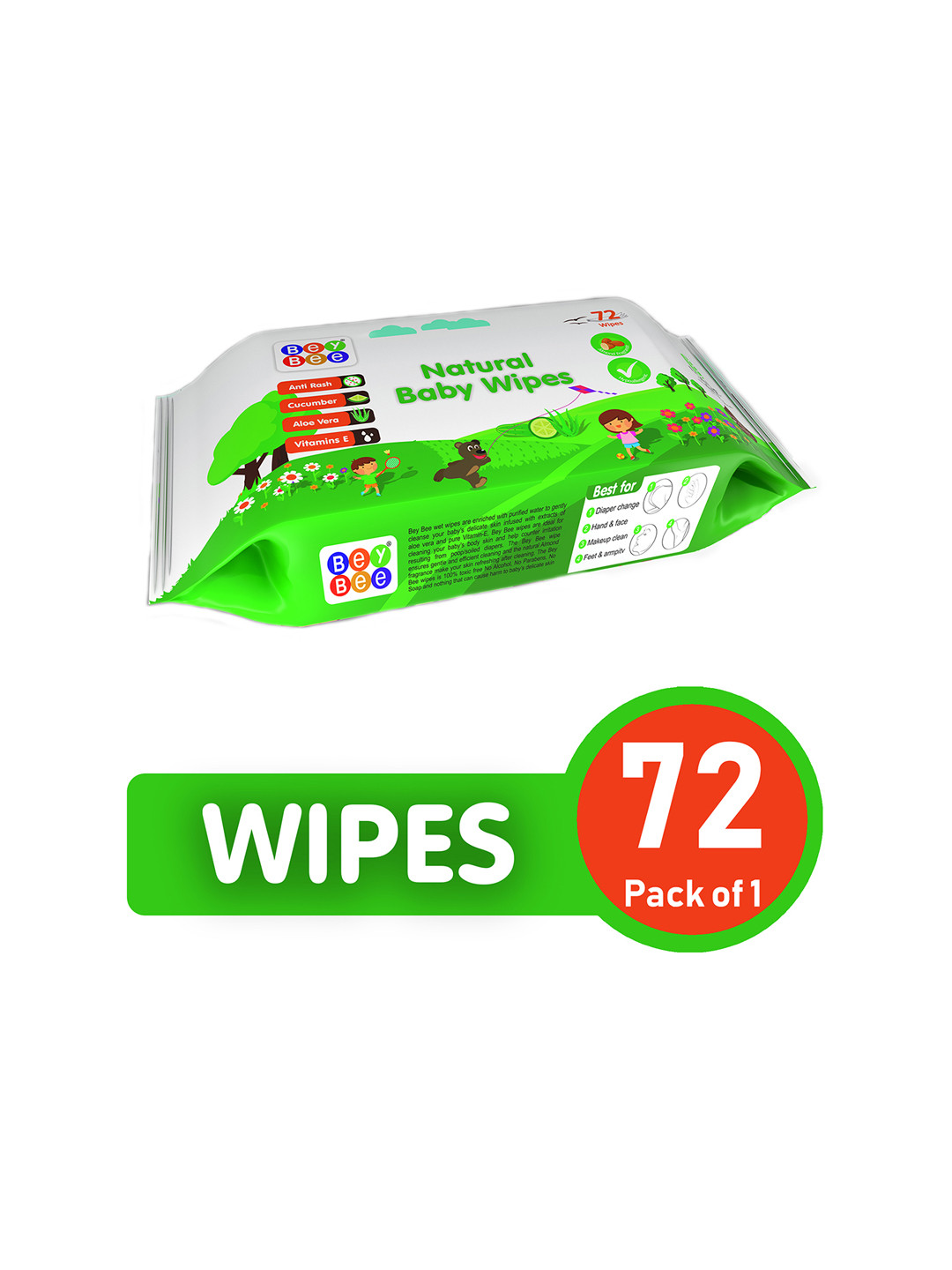 

BeyBee Paraben Free Natural Antibacterial Baby Wipes with Aloe Vera & Vitamin E - 72 Wipes, Green