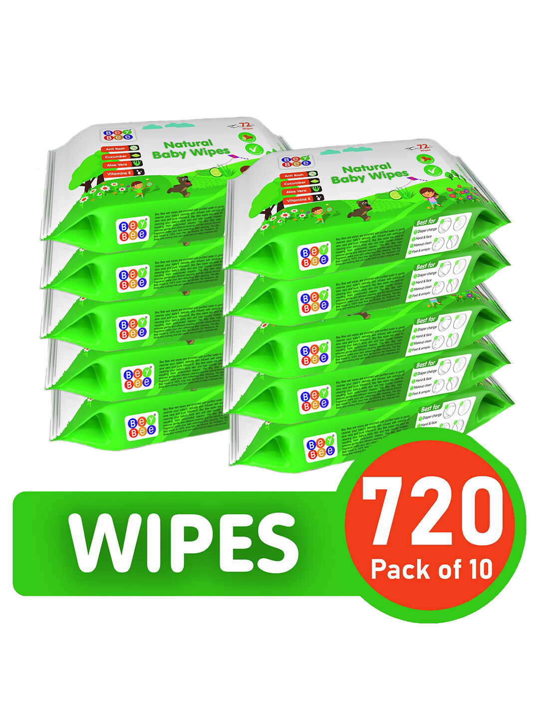 

BeyBee Set of 10 Natural Antibacterial Baby Wipes with Aloe Vera & Vitamin E-72 Wipes Each, Green