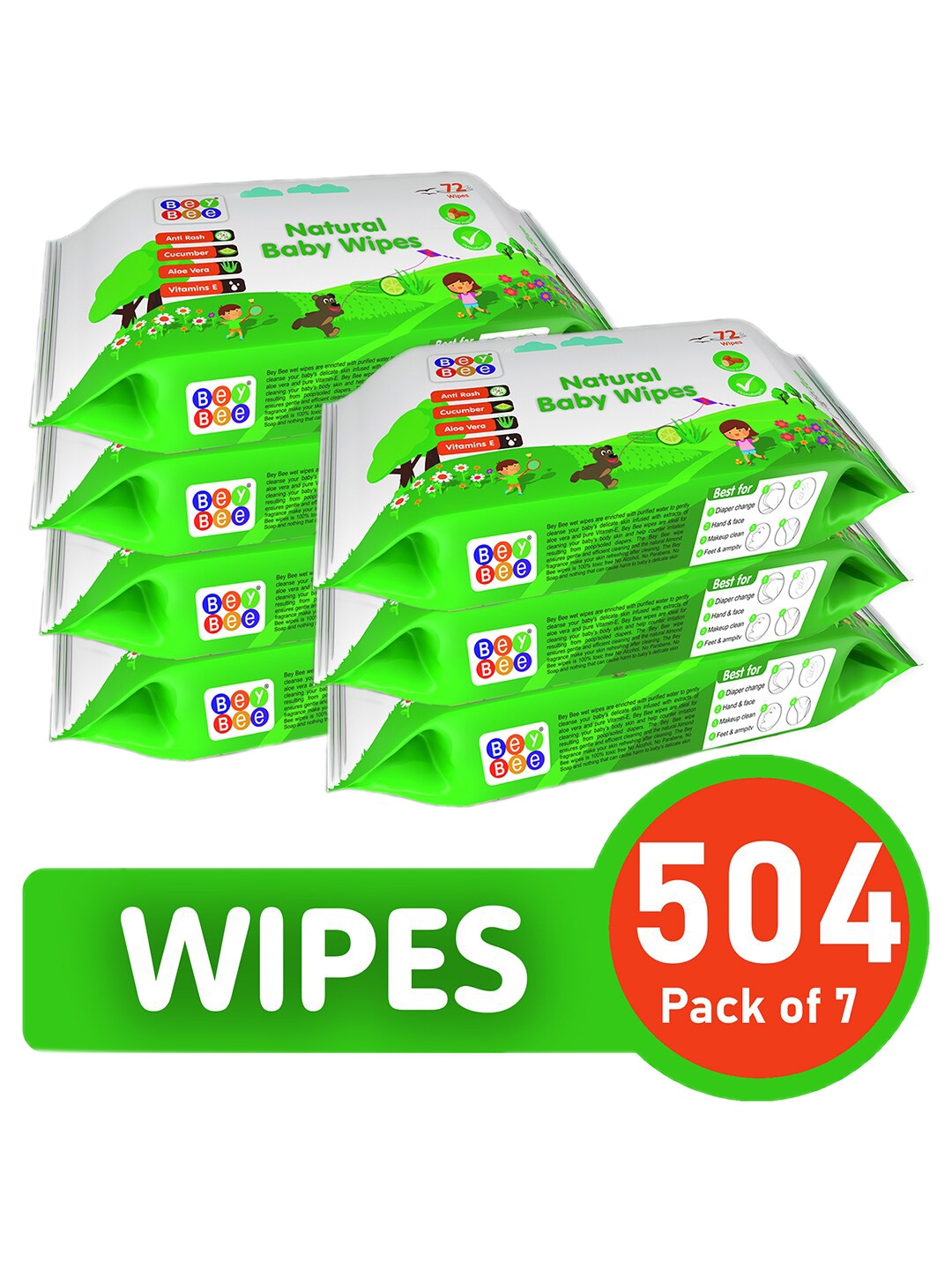 

BeyBee Set of 7 Natural Antibacterial Baby Wipes with Aloe Vera & Vitamin E- 72 Wipes Each, Green