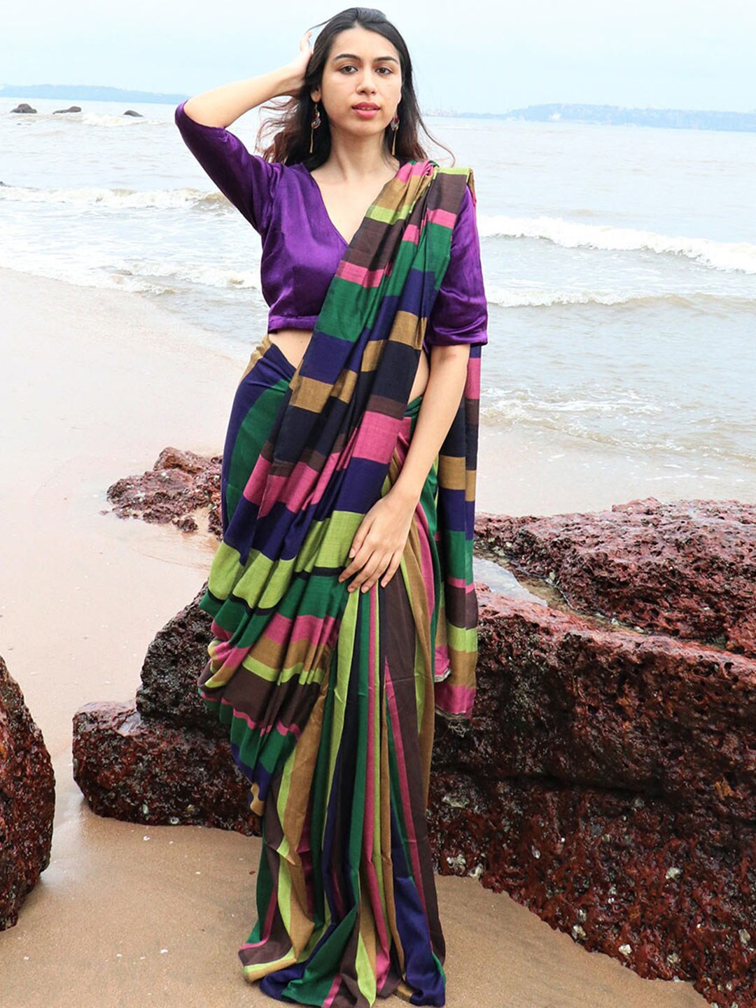 

Chidiyaa Purple & Green Striped Saree