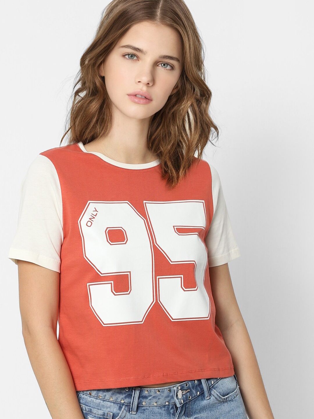 

ONLY Women's Red Typography Printed Applique T-shirt