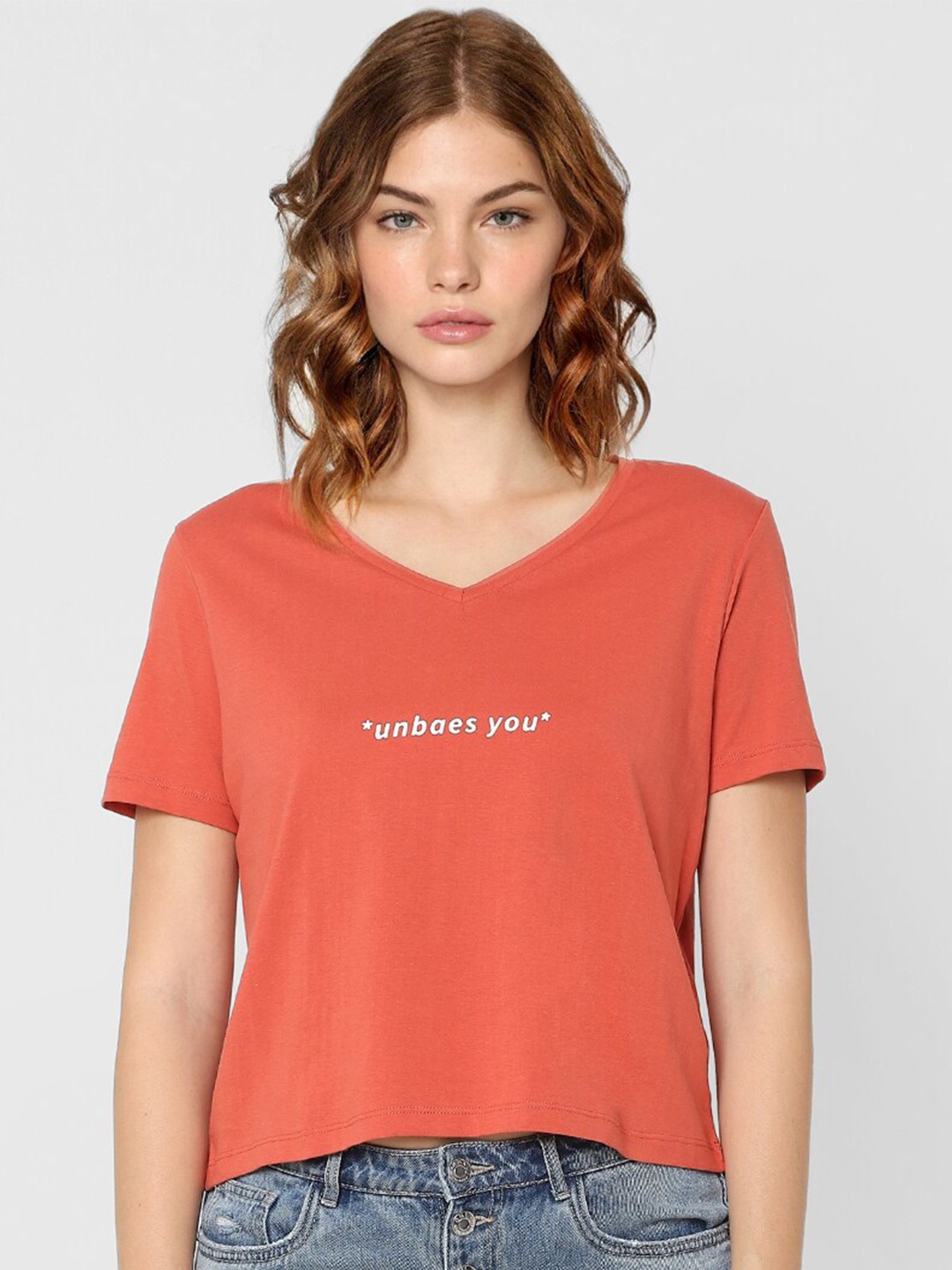 

ONLY Women's Red V Neck T-shirt