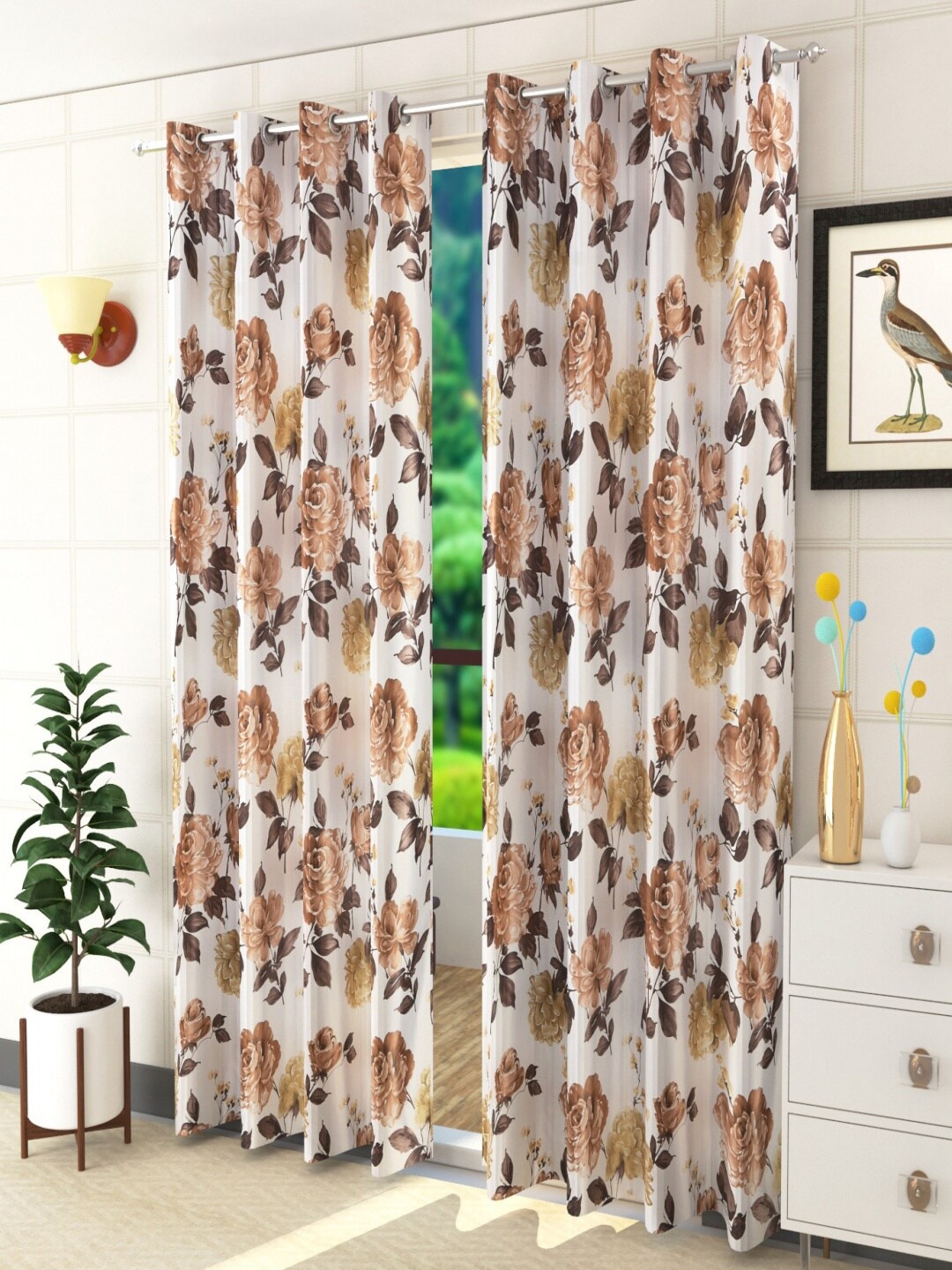 

Homefab India Brown & White Set of 2 Floral Room Darkening Long Door Curtain