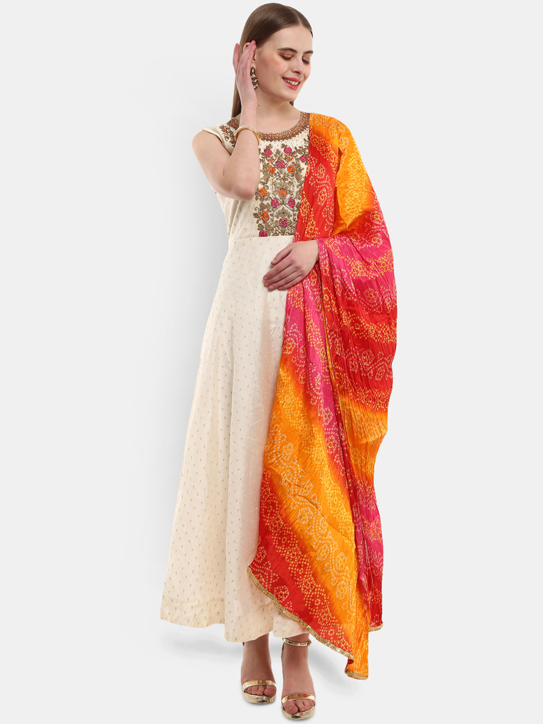 

V-Mart Women's Off White Ethnic Motifs Yoke Design Thread Work Floral Anarkali Kurta