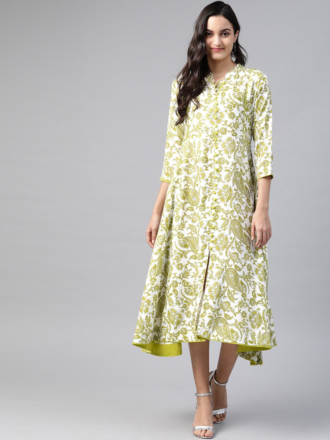 

HIGHLIGHT FASHION EXPORT Green & White Floral Ethnic A-Line Midi Dress