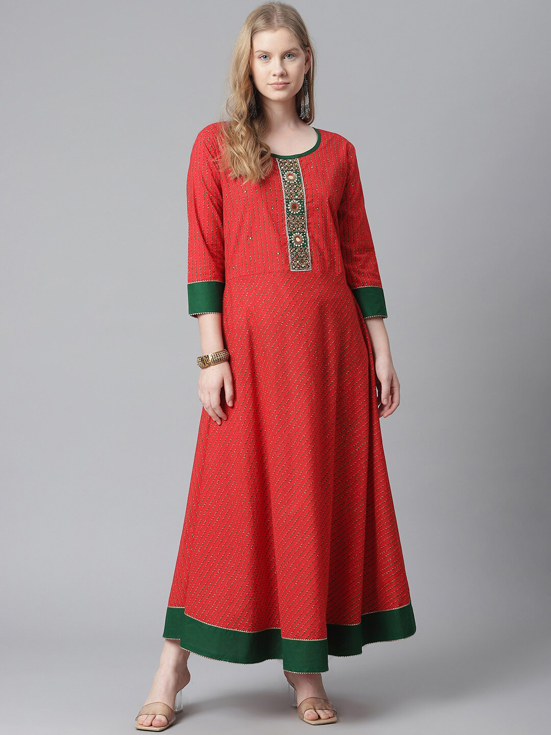 

HIGHLIGHT FASHION EXPORT Women Red Striped Ethnic Maxi Dress