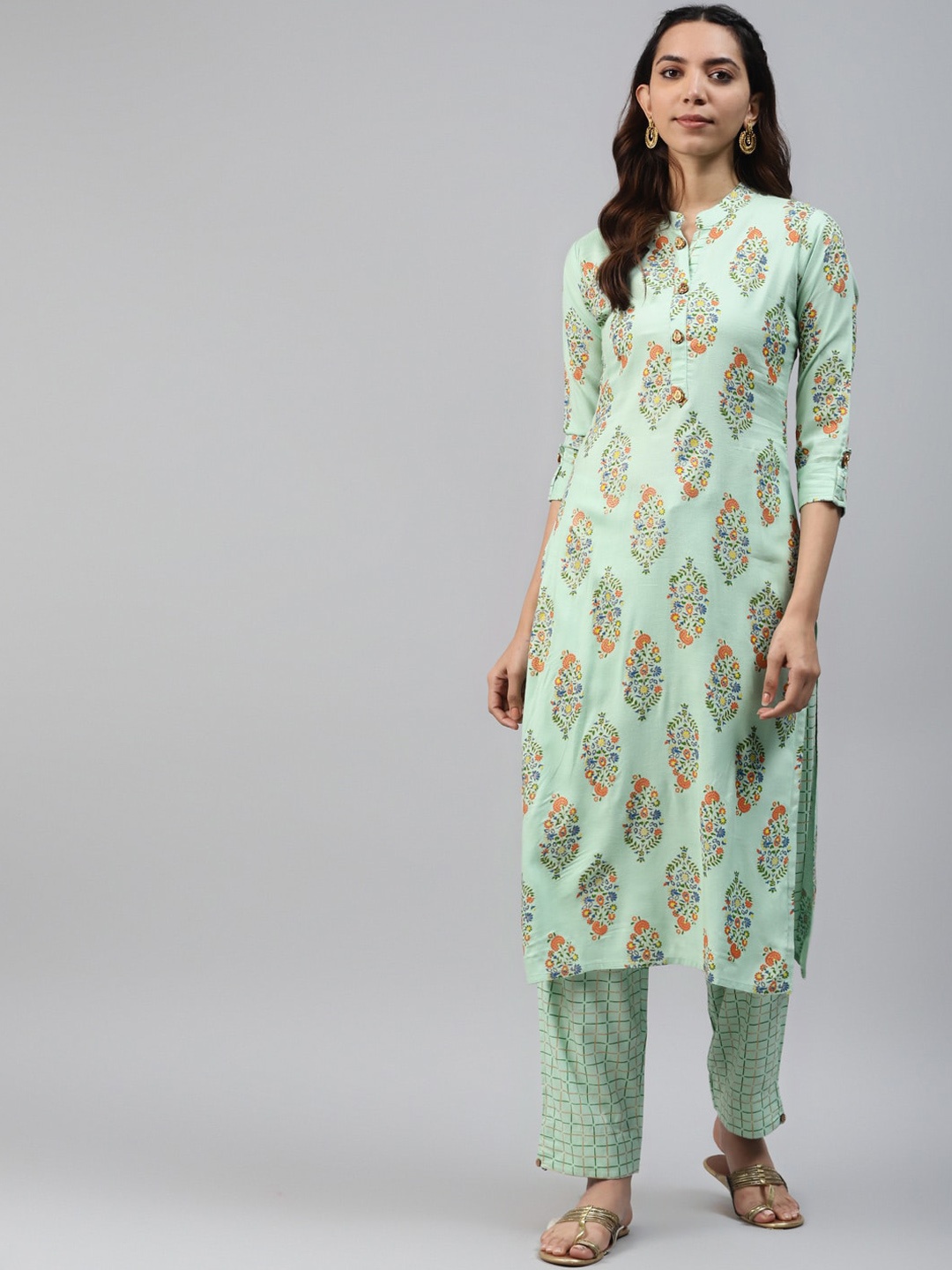

HIGHLIGHT FASHION EXPORT Women Green Ethnic Motifs Printed Kurta with Trousers