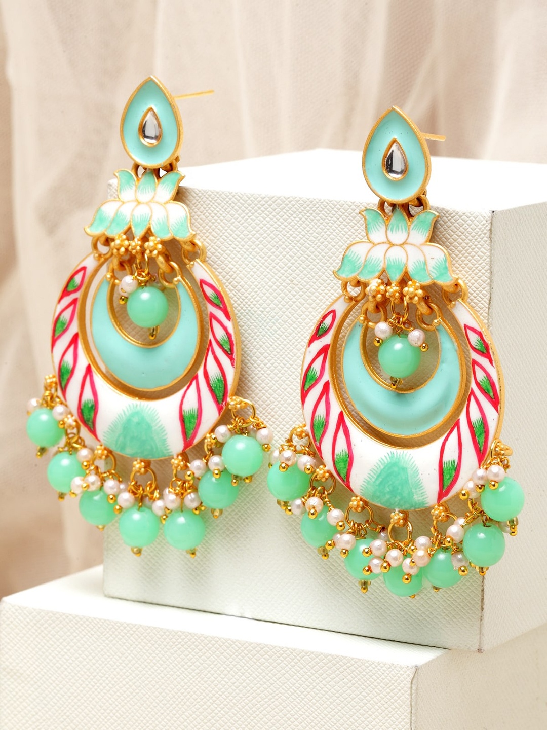 

PANASH Gold-Toned & Sea Green Crescent Shaped Drop Earrings