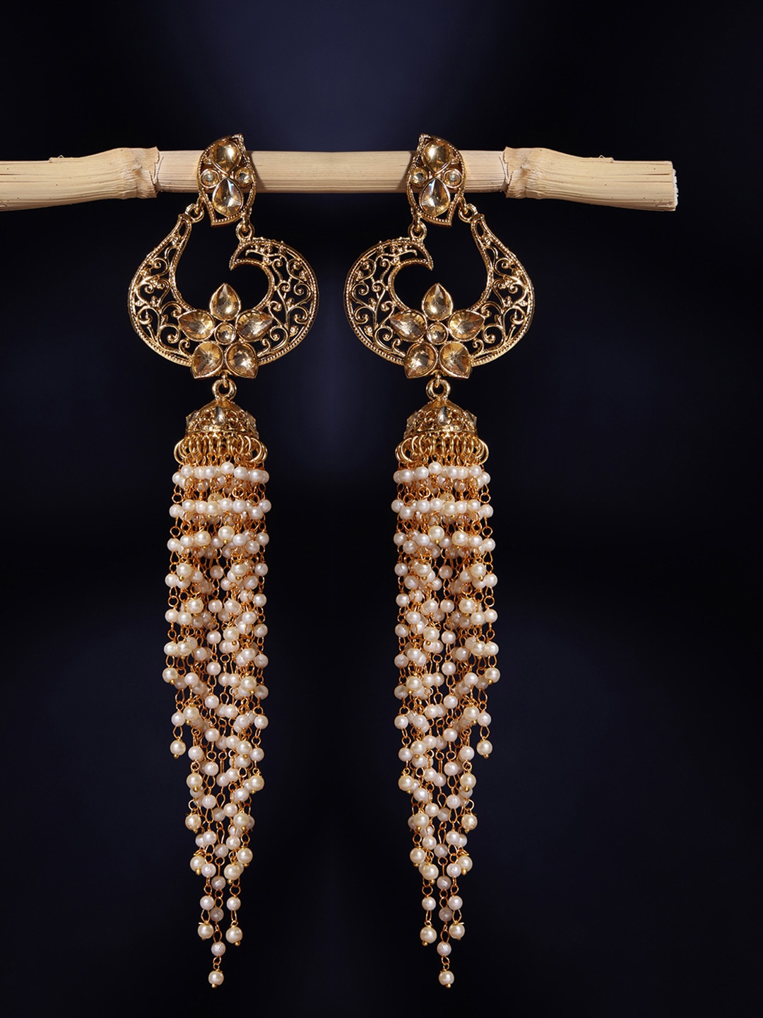 

PANASH Gold-Toned & White Floral Tasselled Drop Earrings