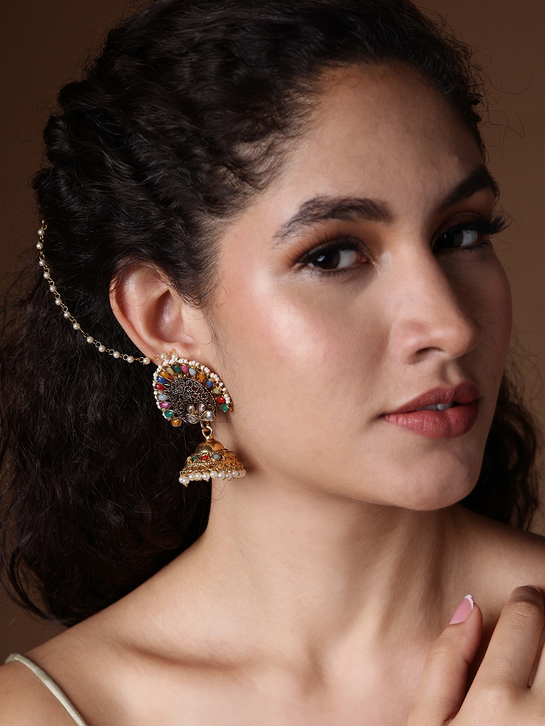 

PANASH Women Gold-Toned Dome Shaped Multicolored Stone studded Jhumkas Earrings