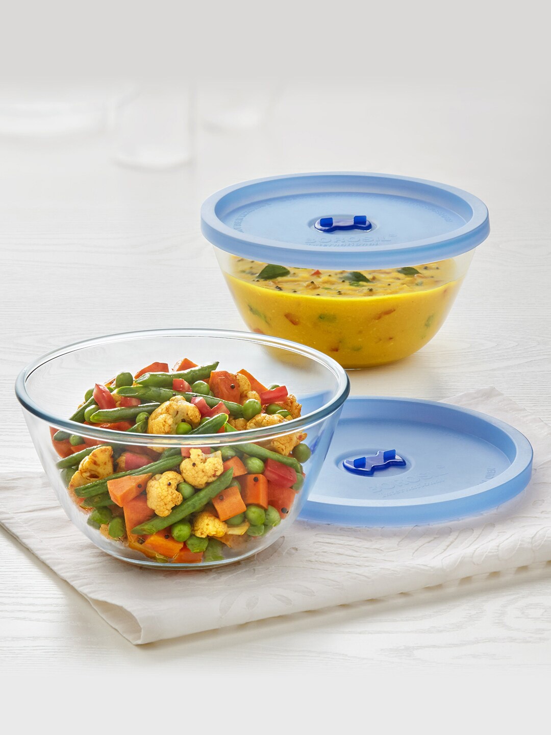 

BOROSIL Set of 2 Glass & Blue Mixing & Serving Bowls With Lids, Transparent